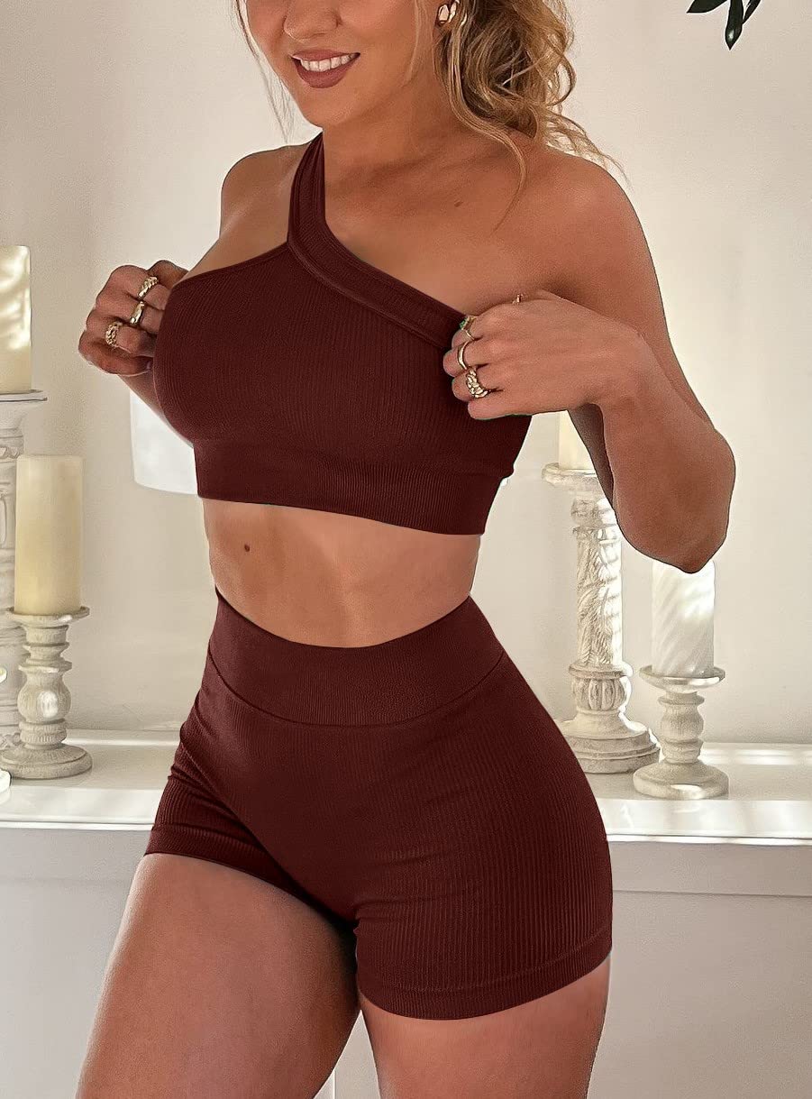 OLCHEE Women's 3-Piece Workout Set - Seamless Ribbed Yoga Outfit with One Shoulder Sports Bra & High Waist Shorts for Gym, Running, Yoga & Athletic Training | Comfortable & Stylish Activewear