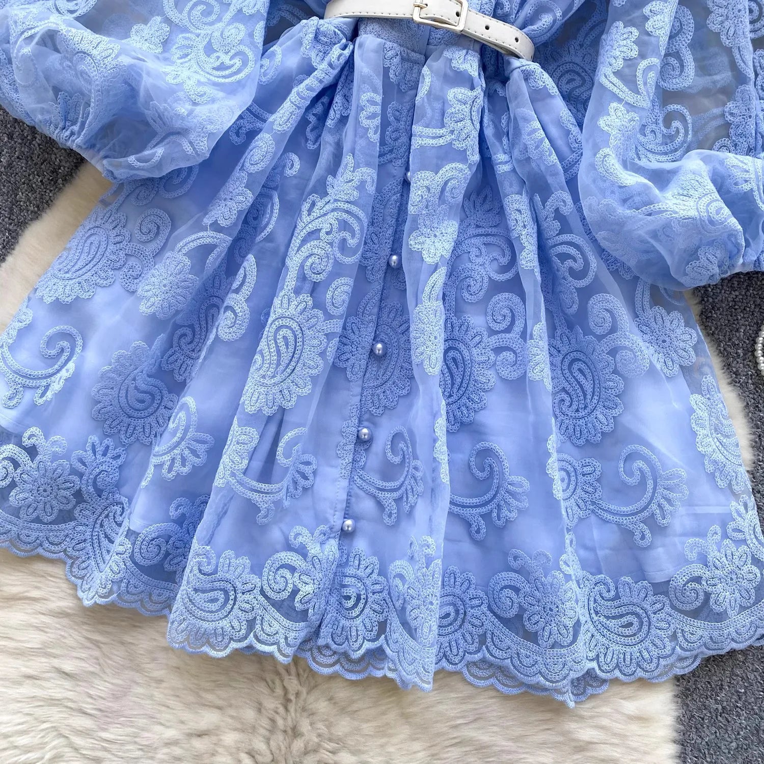 French Sweet V-Neck Lantern Sleeve Mini Dress - Women's Summer Floral Embroidery Mesh Patchwork Belt Dress for Beach, Party & Casual Wear | A-Line Flowy Party Robe