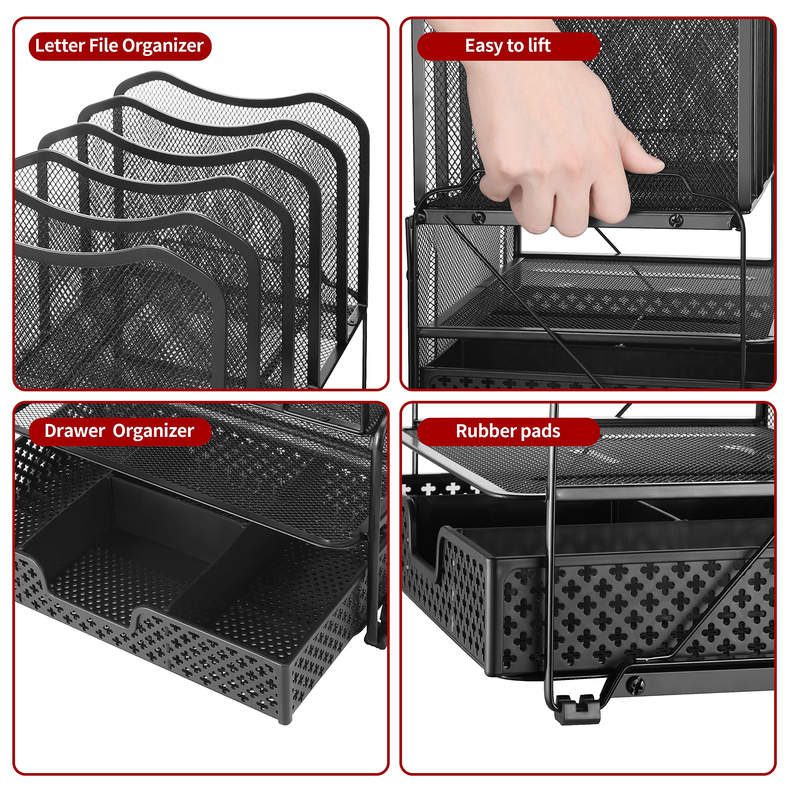 Trending Mesh Desk File Organizer - Black Office Supplies with Sliding Drawer, Double Tray & 5 Upright Sections for Document Storage | Perfect for Home Office, Study Desk & Workspace Organization