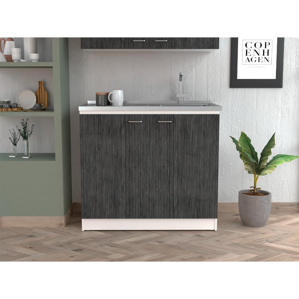 Tuhome Napoles Utility Sink with Cabinet - White/Smokey Oak Double Door Bathroom Vanity with Shelf for Laundry Room, Basement & Garage Storage