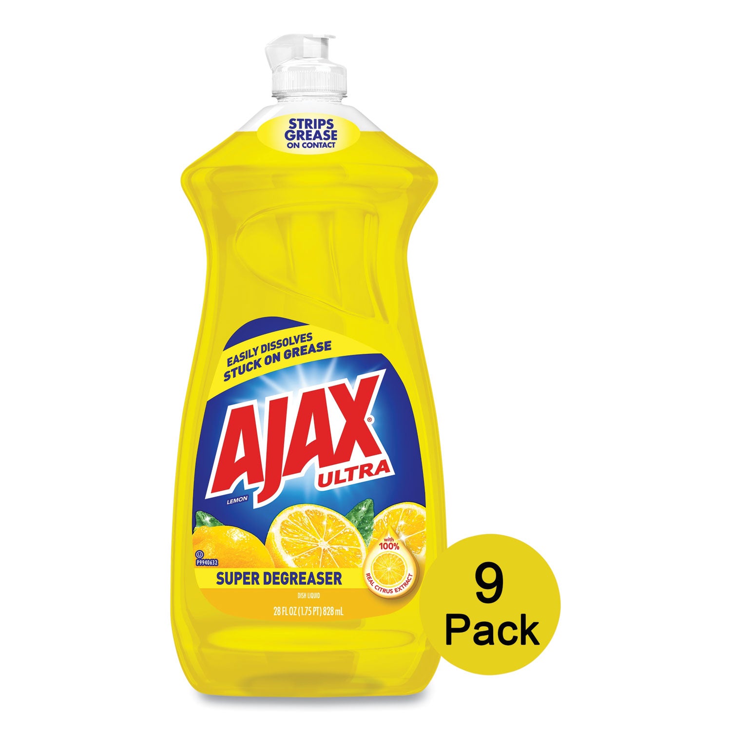 Ajax® Lemon Scent Dishwashing Liquid - 28 Oz Bottle (Pack of 9) | Powerful Grease Cutting Formula for Hand Washing Dishes, Pans & Kitchen Utensils | Fresh Citrus Scent for Sparkling Clean Dishes