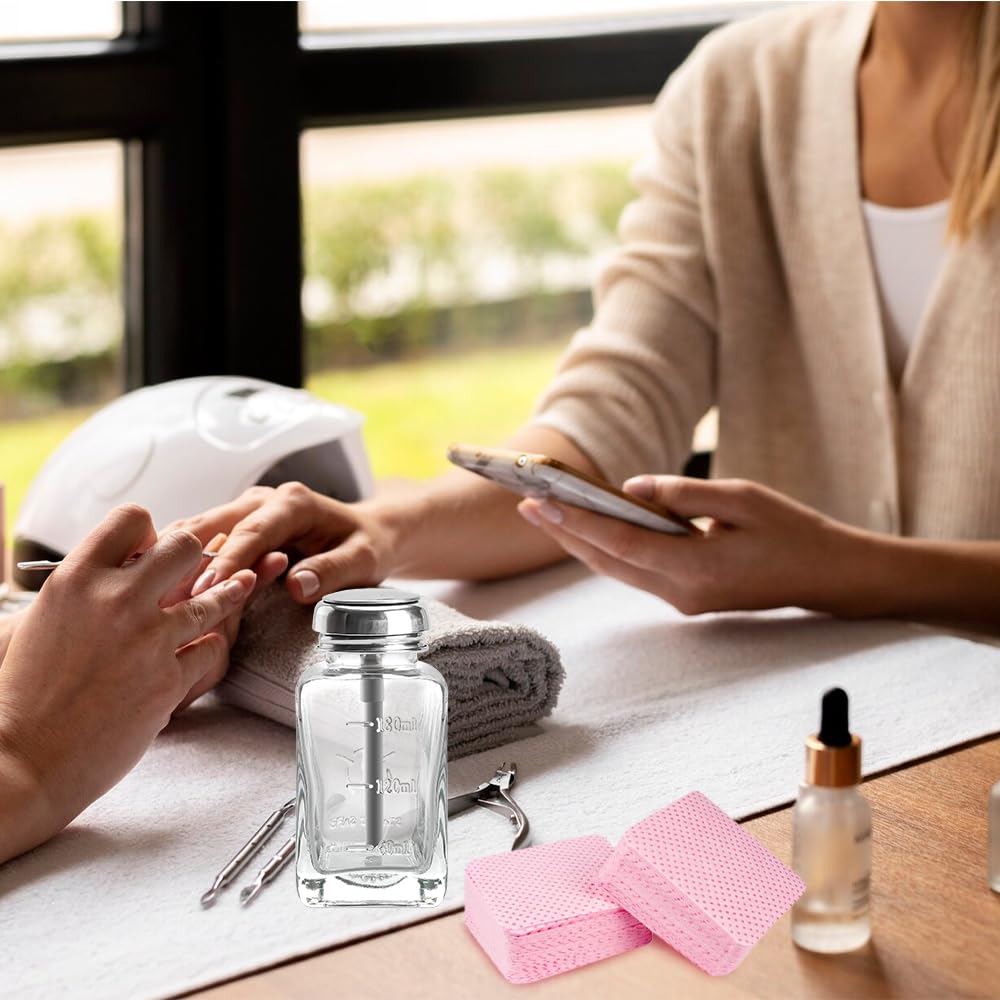 2 Pcs 180ml/6oz Empty Nail Polish Remover Pump Dispenser Bottles with 540PCS Lint-Free Nail Wipes - Refillable Glass Containers for Acetone, Alcohol & Makeup Remover - Perfect for Salon, Home Manicure & Travel Nail Care