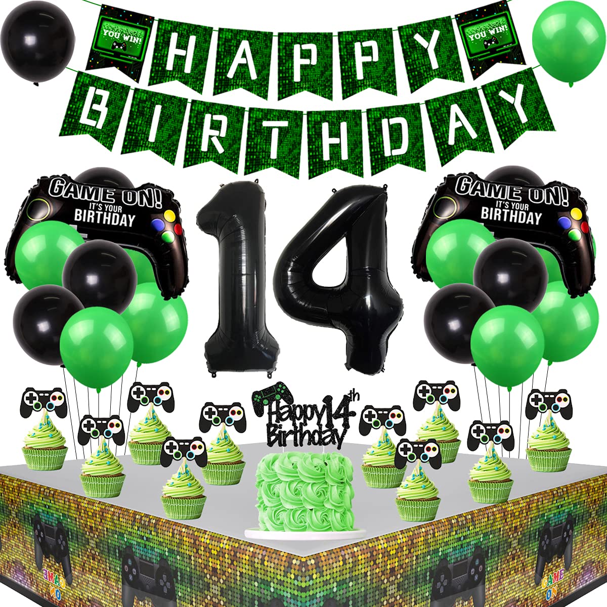 Level Up 14th Birthday Party Decorations - Video Game Theme Party Supplies for Boys with Game Controller Cake Topper & Table Cover - Perfect for Gaming Birthday Celebrations & Teen Game Nights