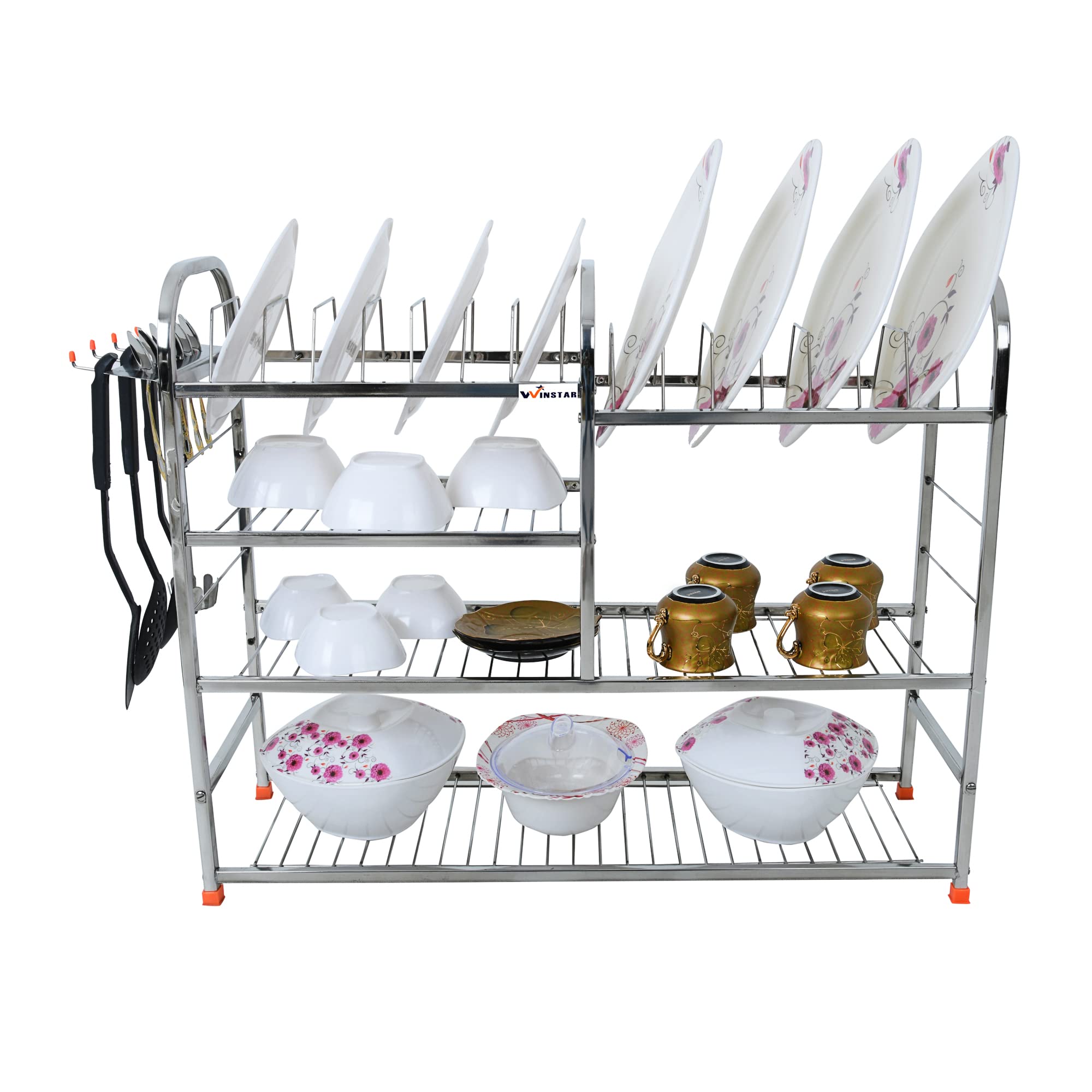WINSTAR 24x30 Inch Stainless Steel Wall Mount Kitchen Rack - 4 Shelf Dish Rack with Cutlery Holder & Plate Stand | Modular Kitchen Organizer | Space Saving Storage for Dishes, Utensils & Cookware | Perfect for Small Kitchens, Apartments & RV Use