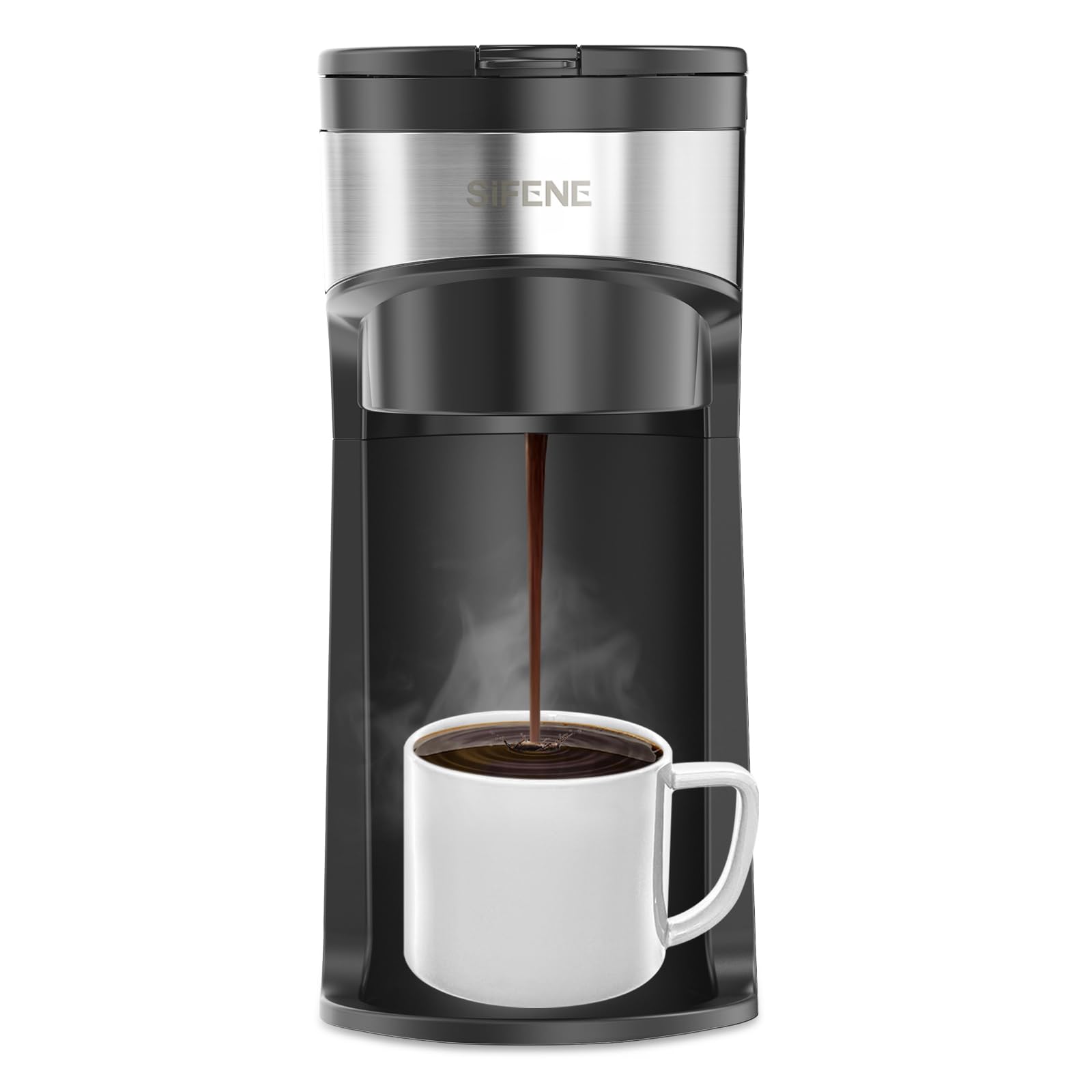 **SIFENE Mini Single Serve Coffee Maker for K-Cups & Ground Coffee - Compact Instant Brewer with Water Window & Descaling Reminder (Black) - Perfect for Home, Office, or Travel**
