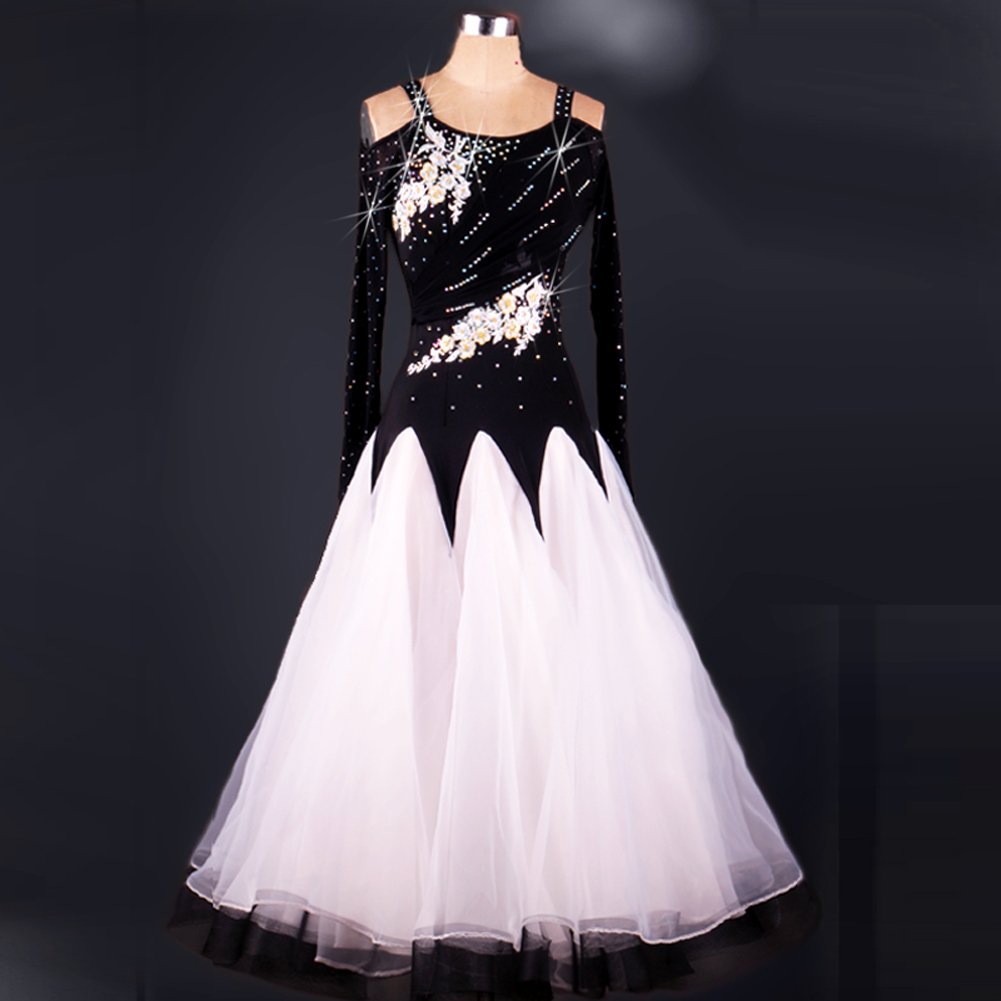 Elegant Women's Modern Waltz Tango Smooth Ballroom Dance Dress - Standard Competition Ballroom Gown (Size S) Black & White - Perfect for Dance Competitions, Performances & Social Dancing Events