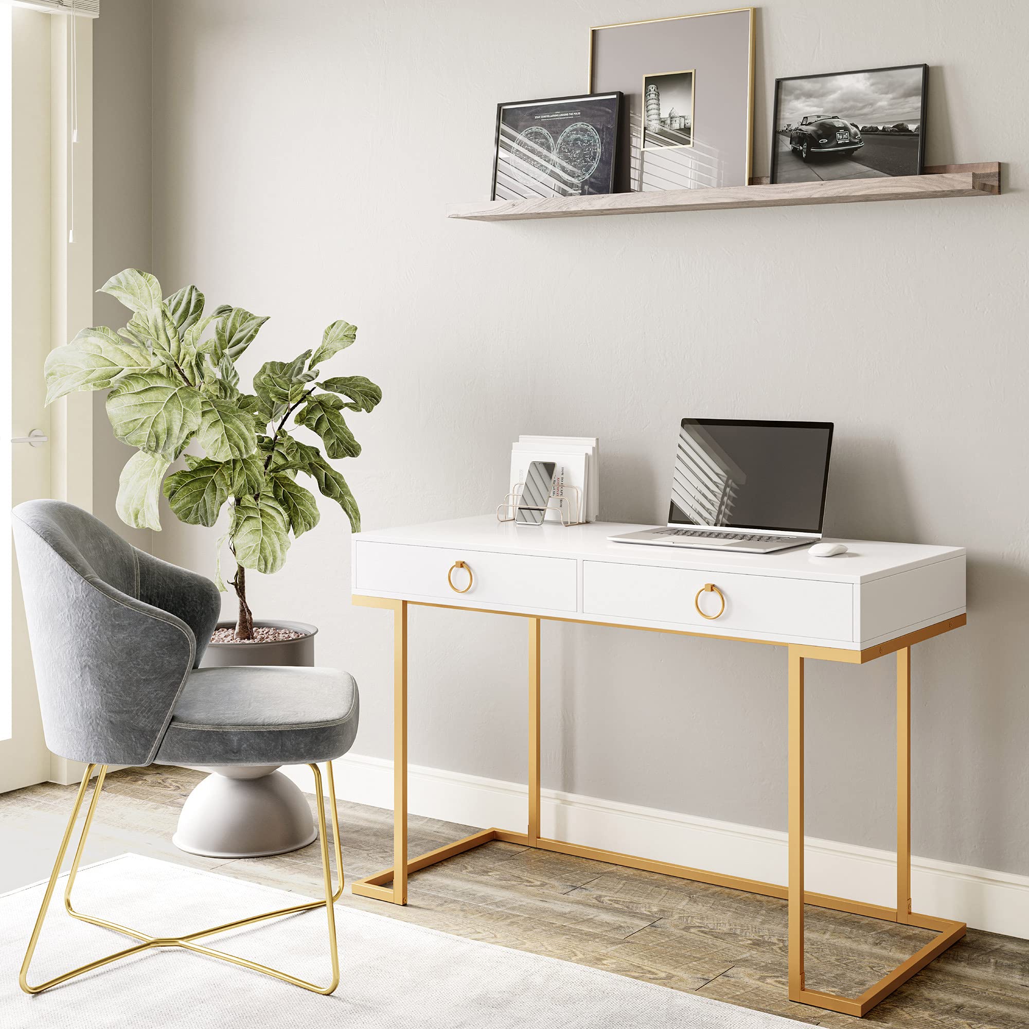 BELLEZE 45 Inch Modern Vanity Desk with 2 Drawers - Gold Metal Frame White Computer Desk for Home Office, Makeup Dressing & Study Writing Table | Perfect for Small Spaces, Bedroom & Apartment Workspace