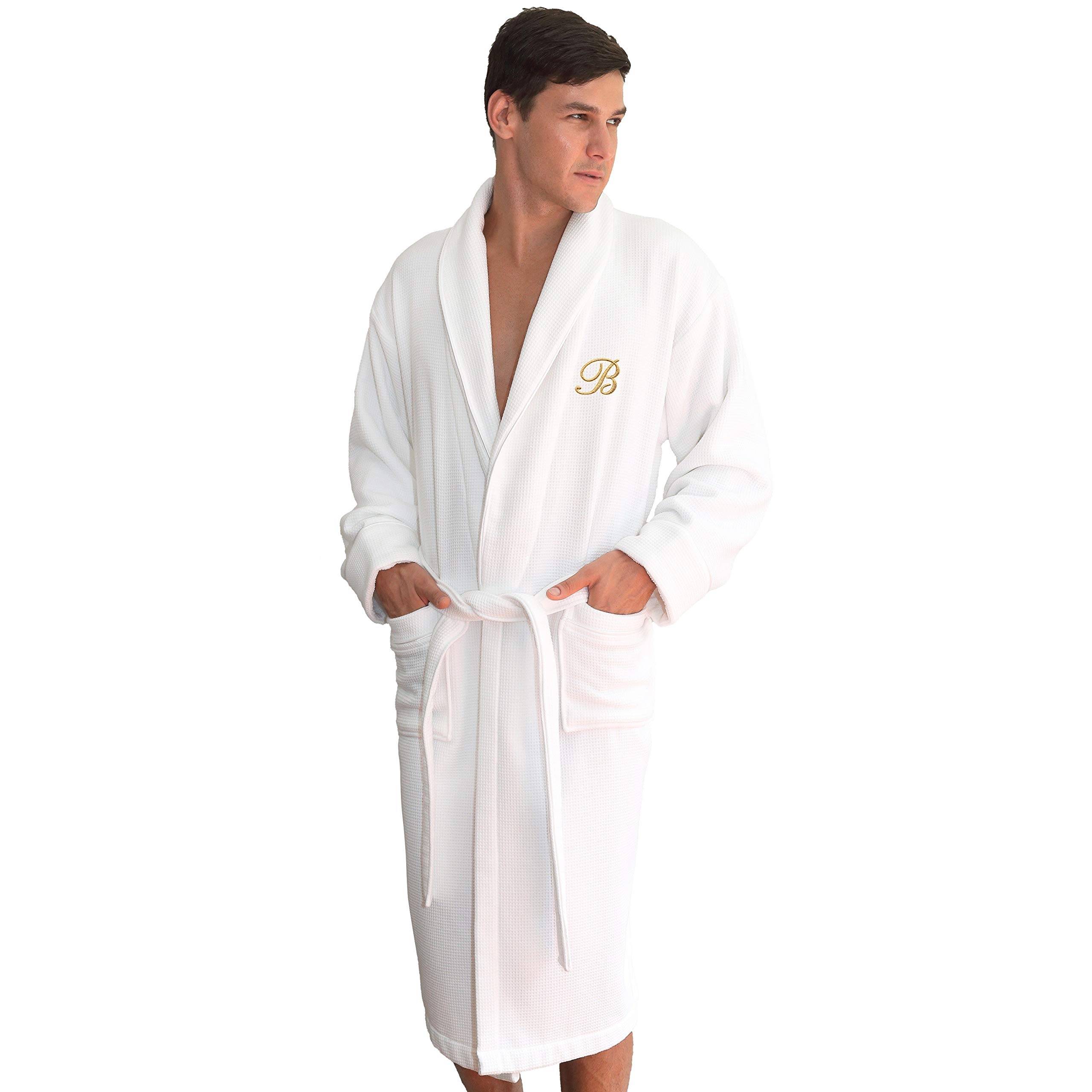 Premium Unisex Gold Monogrammed Turkish Cotton Waffle Weave Terry Bathrobe - White & Gold - Size K (Large/XL) - Luxurious Spa & Home Relaxation Wear