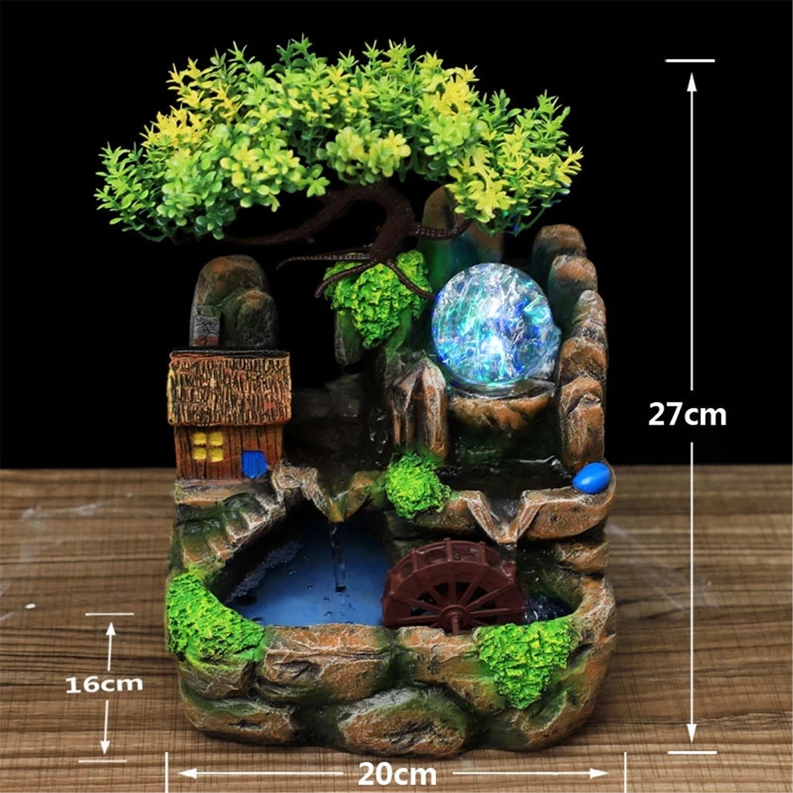 Desktop Waterfall Fountain with LED Lights - Resin Rockery Flowing Water Feature, Feng Shui Lucky Wheel for Office & Home Decor - Perfect for Stress Relief, Meditation Spaces & Zen Home Décor