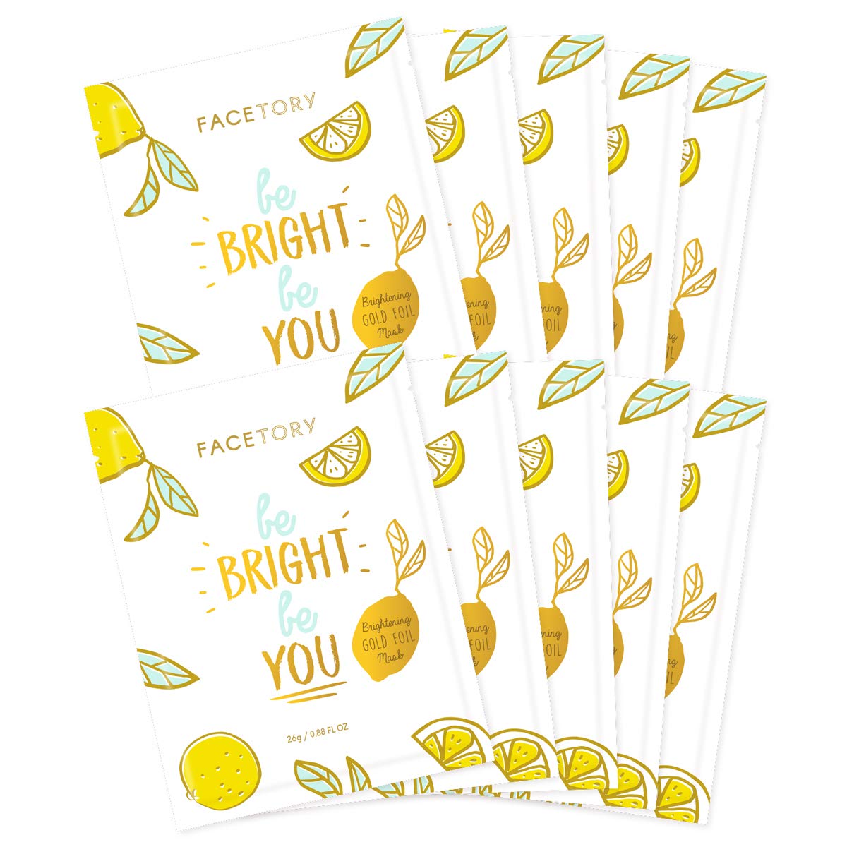 FACETORY K Beauty Brightening Sheet Mask with Gold Foil & Lemon Extract - 10 Pack Glowing Facial Mask for Hydration & Radiance | Perfect for Skincare Routine, Spa Day, or Self-Care Night
