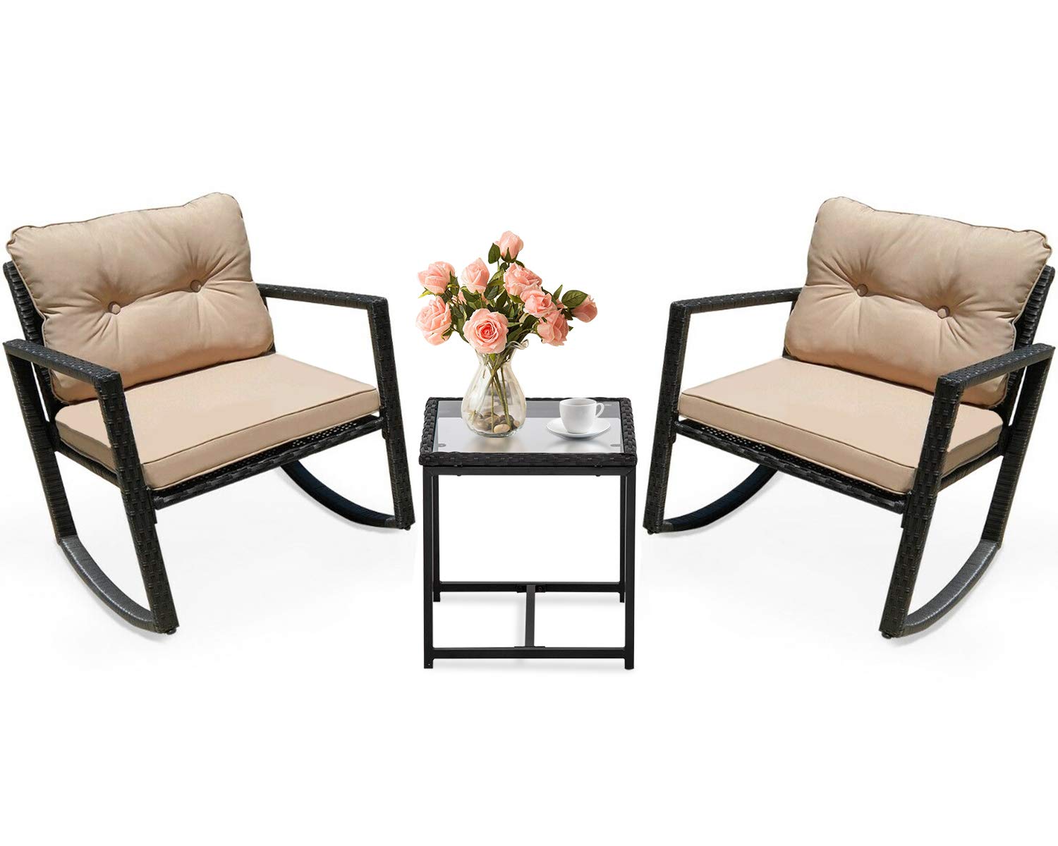 Vnewone 3-Piece Outdoor Patio Furniture Set - Black Wicker Rocking Chairs with Coffee Table, Rattan Bistro Set for Garden, Yard, and Outdoor Conversation Areas - Perfect for Relaxing, Entertaining, and Enjoying Your Backyard Space