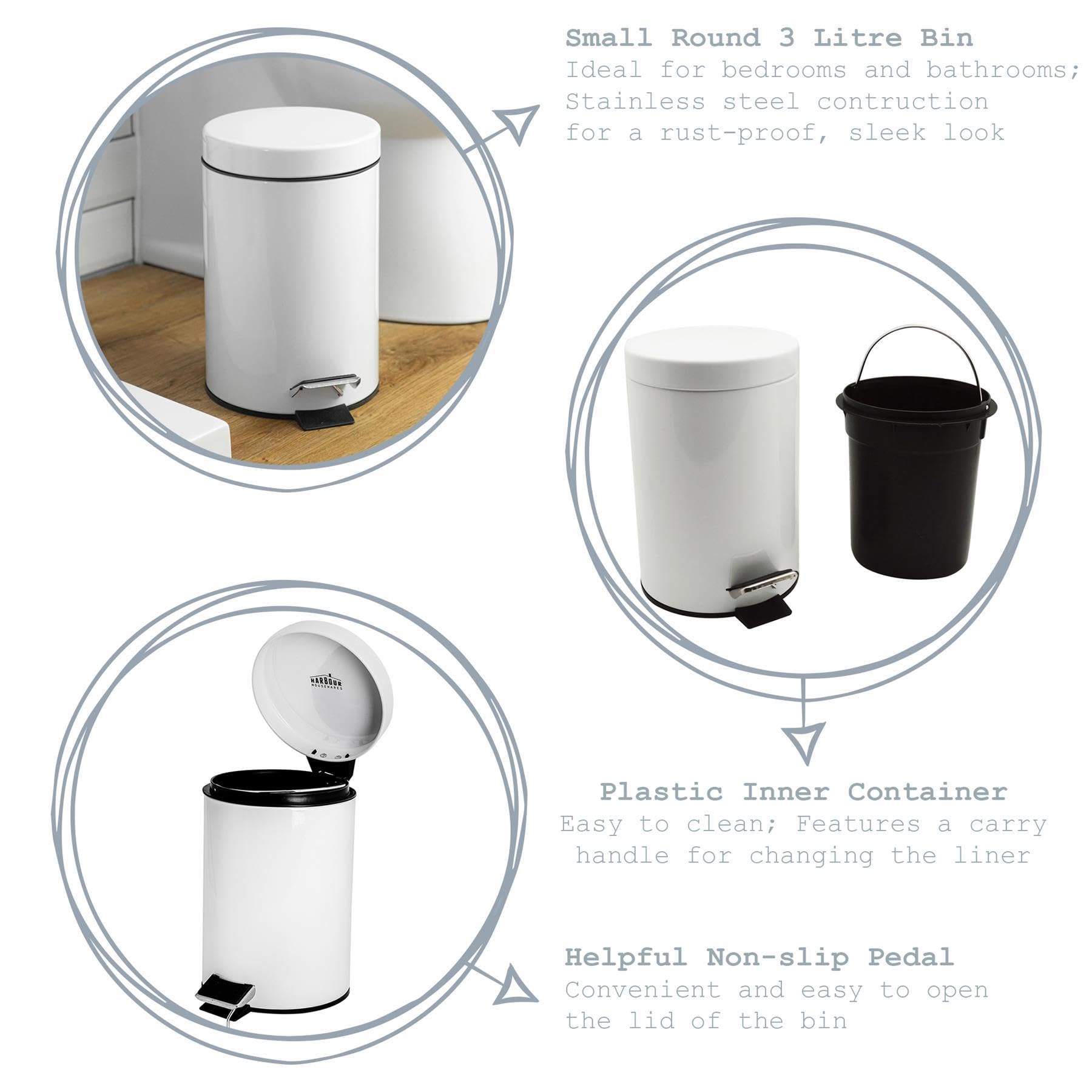 Harbour Housewares 3L Stainless Steel Pedal Trash Can - Matte White Round Bathroom & Kitchen Garbage Bin with Lid & Removable Inner Bucket - Perfect for Small Spaces, Office, Bedroom & Bathroom Waste Disposal