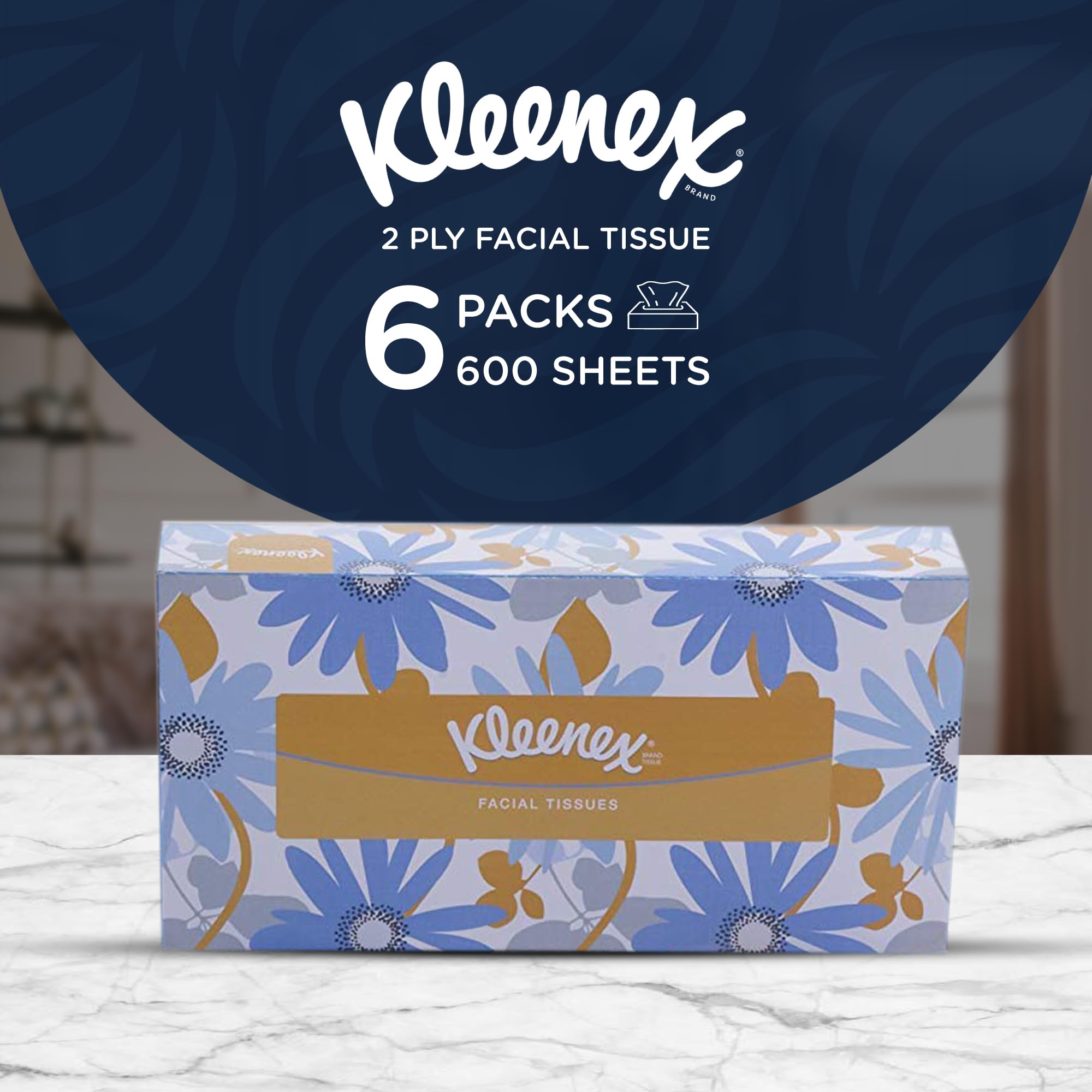 Kleenex® 2-Ply Facial Tissues Flat Box - 100 Tissues per Box, Pack of 6 (600 Total Tissues) | Soft & Strong for Home, Office & Travel Use - Allergy & Cold Relief (60070)