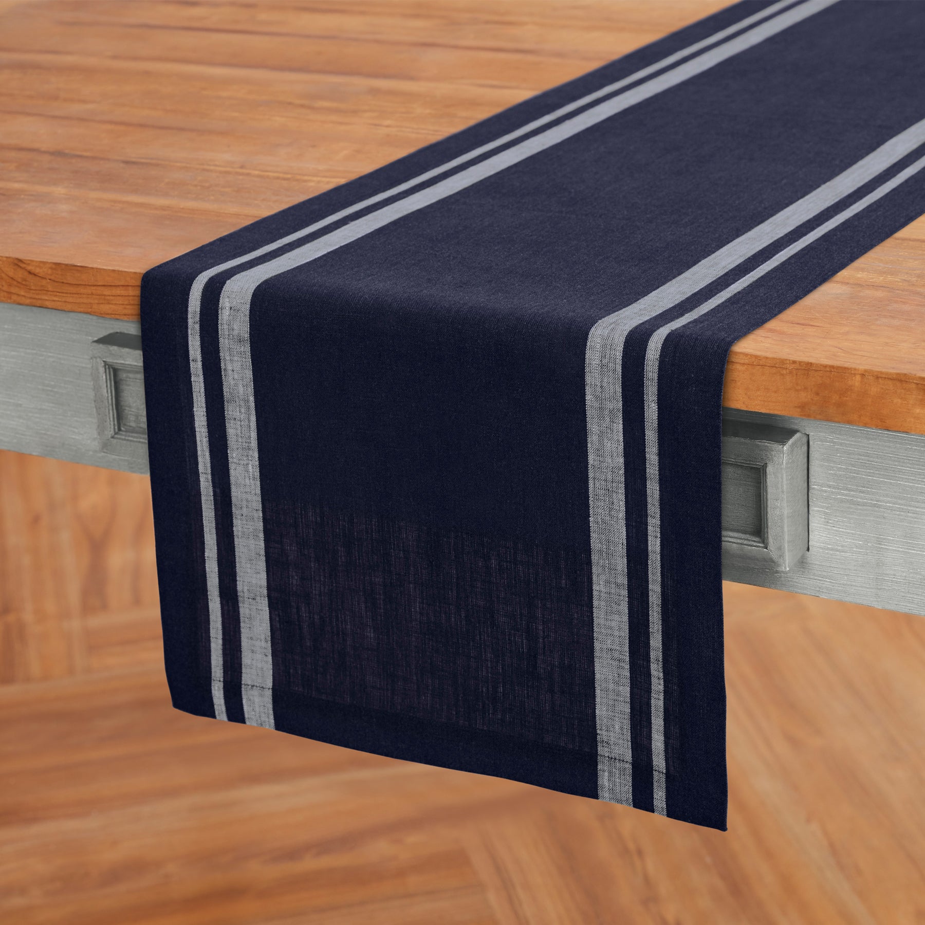 French Striped Table Runner - 16 Inch Wide Cotton Linen Blend for Dining Room Decor & Wedding Table Setting