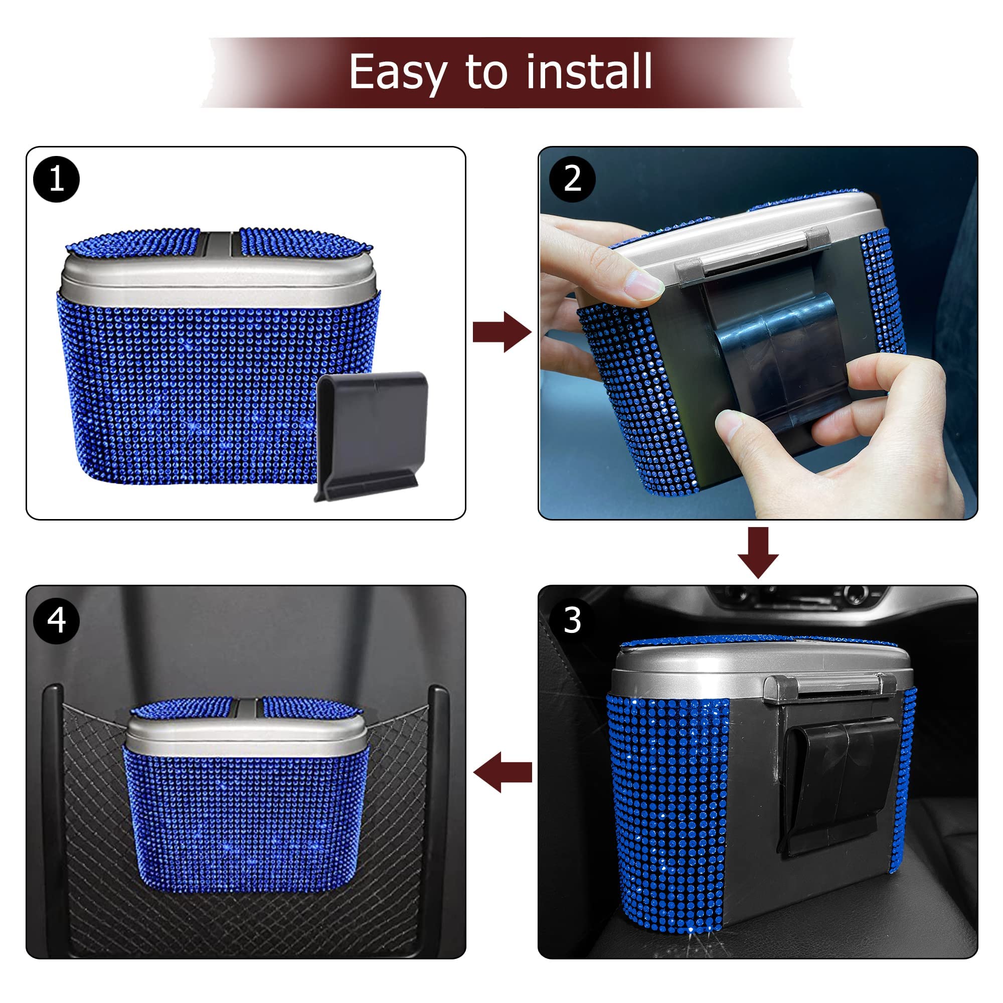 **Sparkling Crystal Car Trash Can with Lid - Hanging Waterproof Auto Garbage Bin for Car, Office, Home & Bedroom - Mini Bling Trash Bag for Desktops & Vehicles (Blue)**    *(Perfect for road trips, daily commutes, office desks, bedrooms, and keeping your space clean & stylish!)*