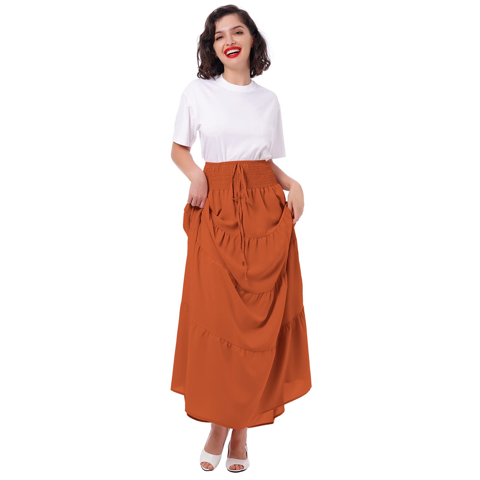 Boho Elastic Waist A-Line Ruffle Maxi Skirt Dress for Women - Convertible Beach Skirt with Drawstring, Chiffon Pleated Long Skirt | Perfect for Summer Vacations, Beach Outings & Boho Fashion