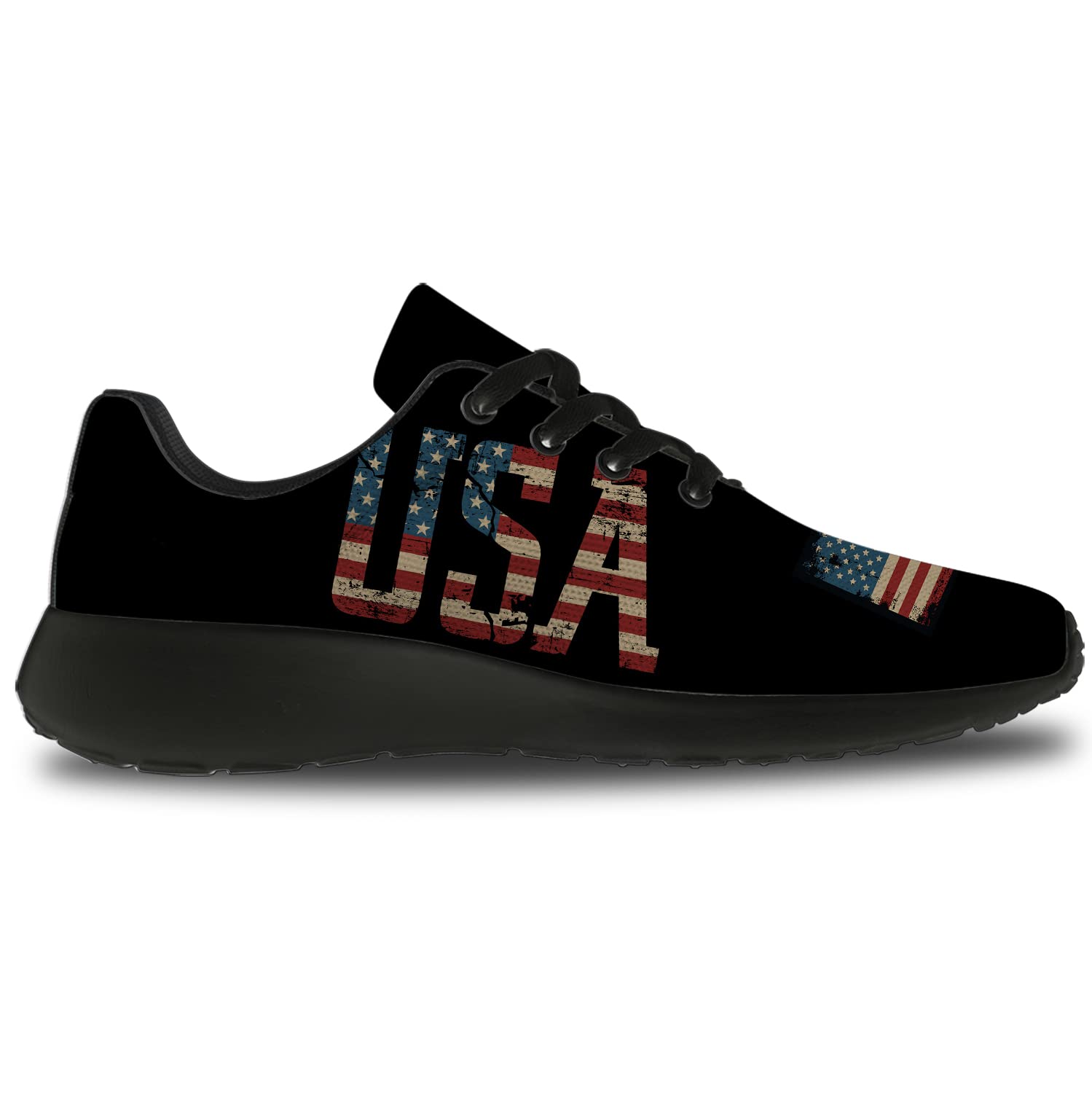 USA Flag Running Shoes for Men & Women - Patriotic American Flag Tennis Sneakers for Walking, Jogging & Casual Wear - Size 11 Men/13 Women in Black with Red & Blue Design - Perfect for 4th of July, Veterans Day & Patriotic Events
