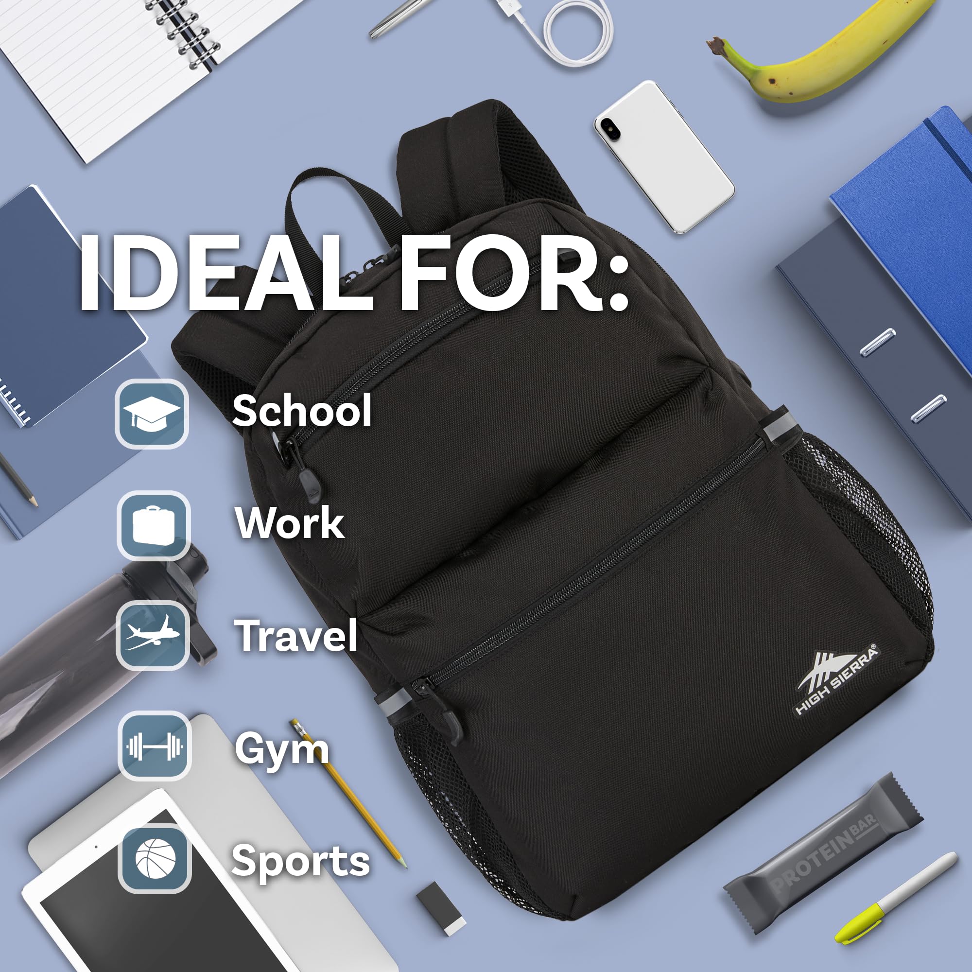 High Sierra Abbreviate Backpack - 17 Inch Laptop Backpack for Travel, School & Work - Durable Water-Resistant Bookbag with Multiple Pockets - Perfect for Commuting, Hiking & College Students (Black, One Size)