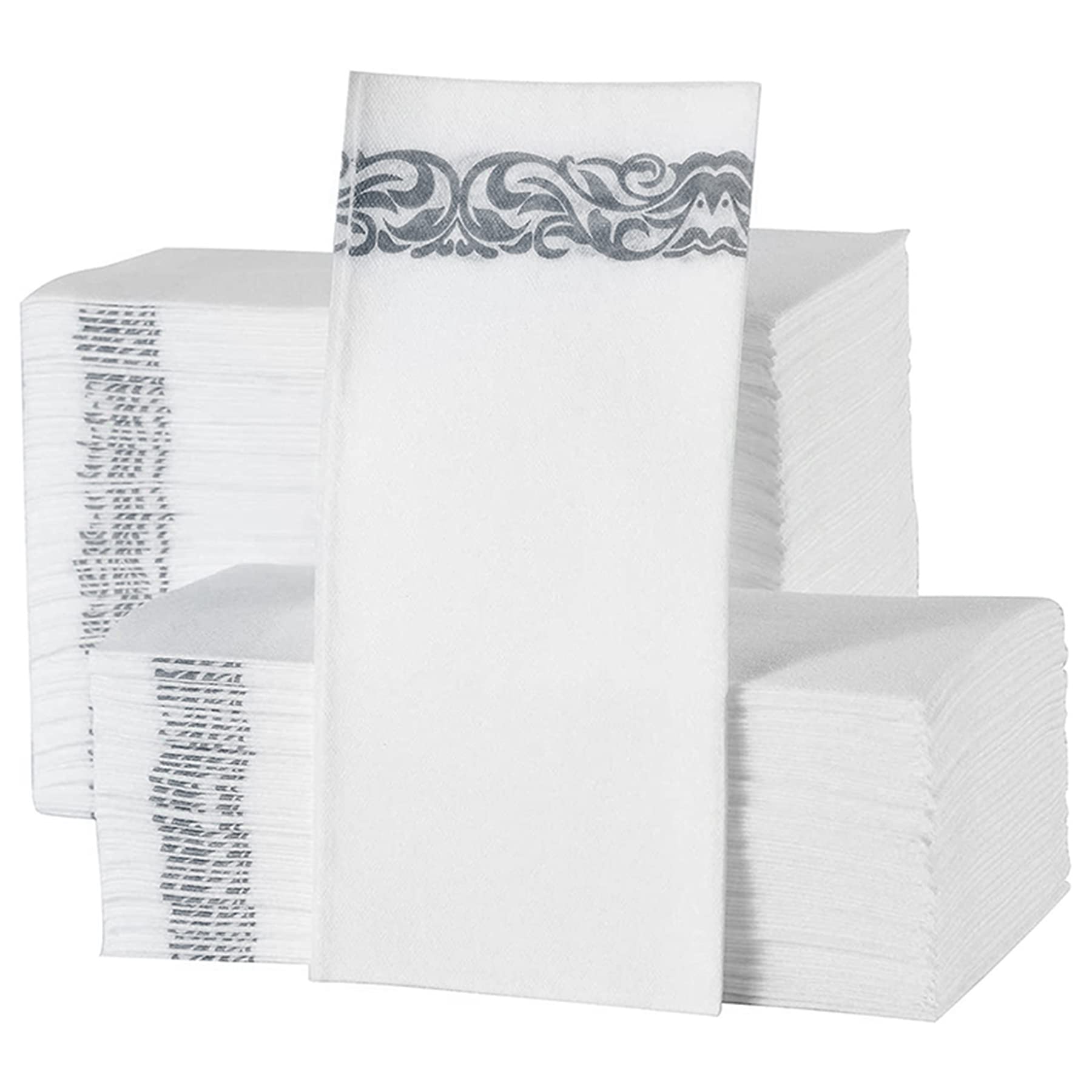 Elinnee Disposable Hand Towels - 200 Count Premium Linen-Feel Paper Guest Towels | Soft & Absorbent Bathroom & Kitchen Napkins | Elegant White & Silver for Weddings, Parties, Dinner Events & Home Decor | Perfect for Guest Bathrooms, Cocktail Parties & Upscale Dining