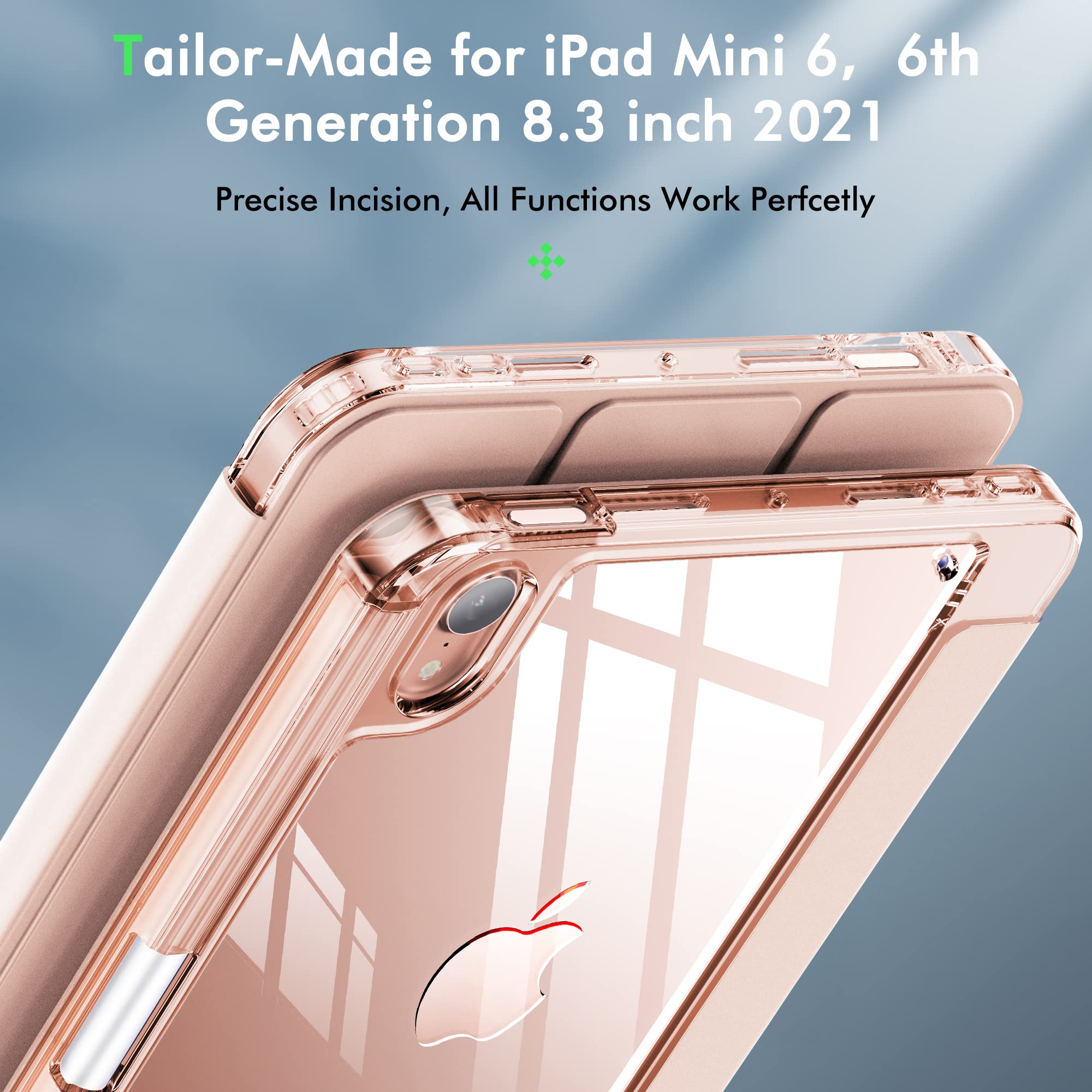 INFILAND Clear Back PU Leather Case for iPad Mini 7th/6th Generation (2024/2021 Model) - 8.3 Inch Protective Cover with Pencil Holder & Wireless Charging Support | Rose Gold | Perfect for Work, Travel & Everyday Use