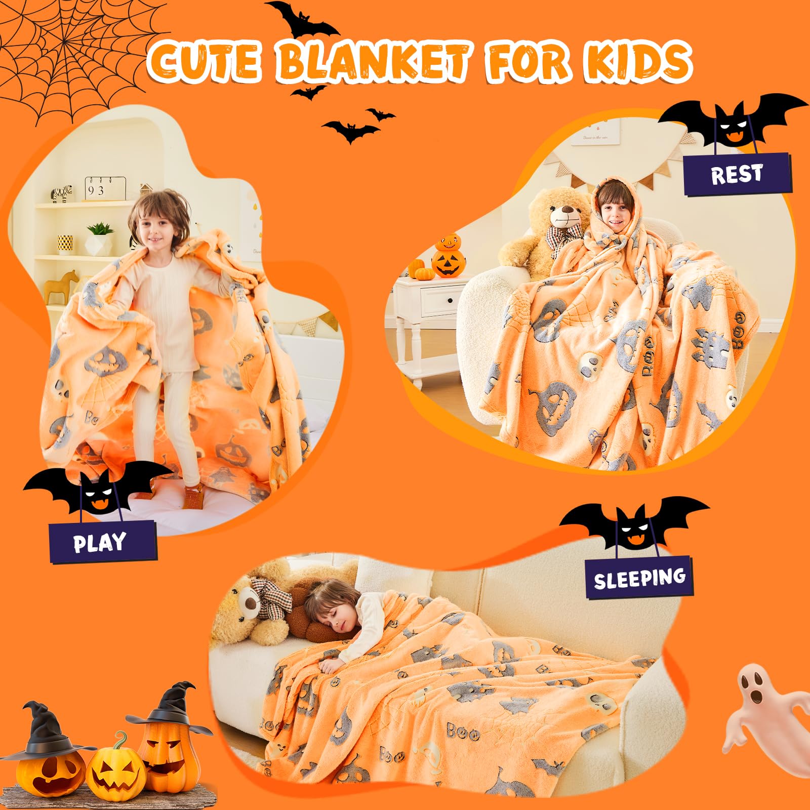 Glow in The Dark Halloween Blanket - Spooky Spider Web & Pumpkin Ghost Design, Soft Plush Throw Blanket for Kids (50
