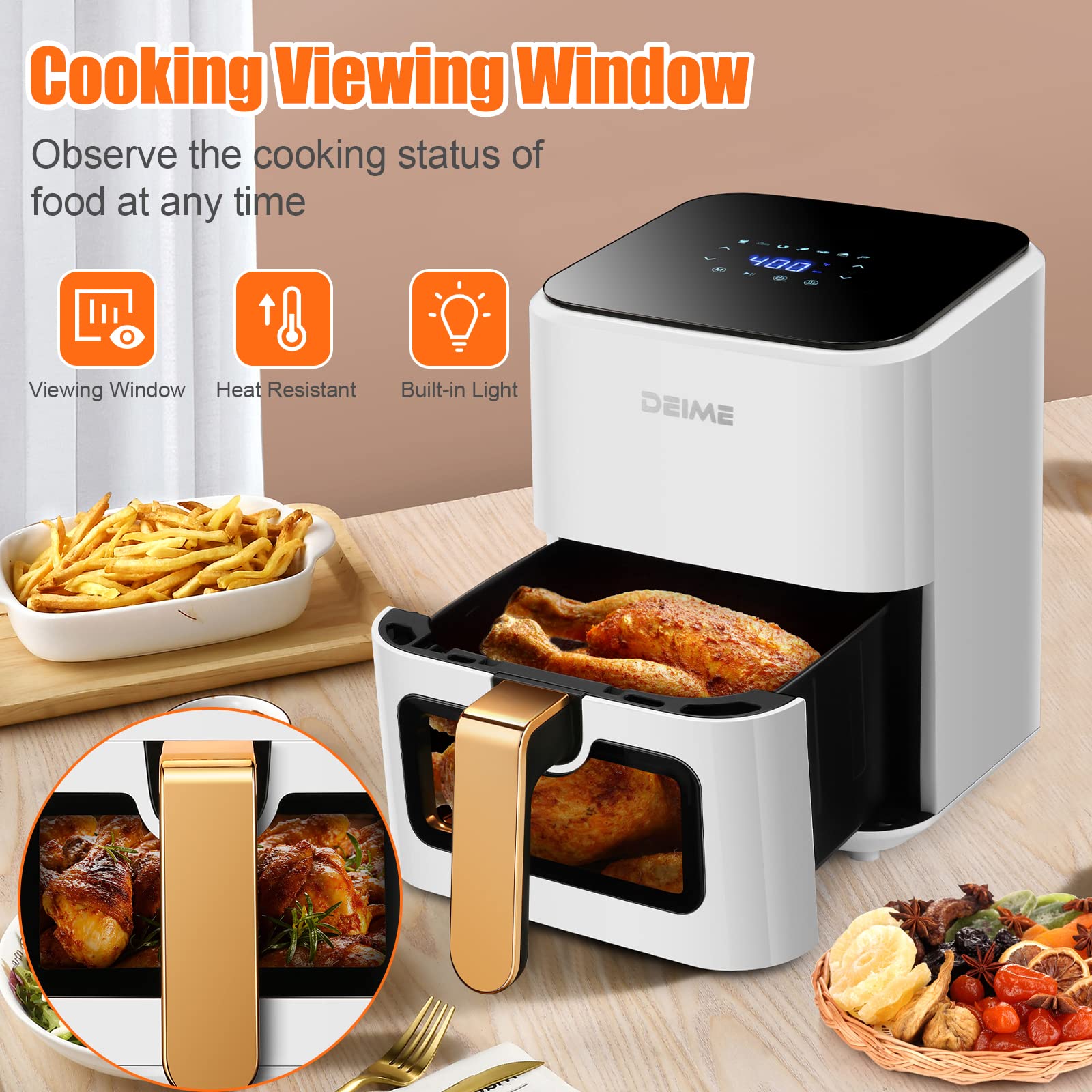 DEIME 4.2 QT Air Fryer - 1200W Oil Free Healthy Cooker with Digital LCD Touch Screen, 7 Presets, Non-Stick Basket & View Window - Perfect for Small Kitchens, Quick Meals & Healthy Cooking (White)