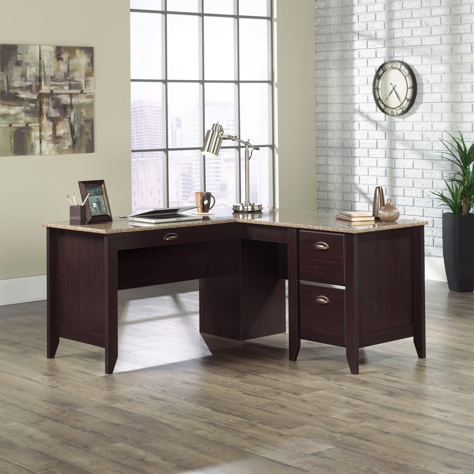 Sauder Samber 60-Inch Wide L-Shaped Transitional Computer Desk in Jamocha Finish - Perfect for Home Office, Gaming Setup & Small Workspaces