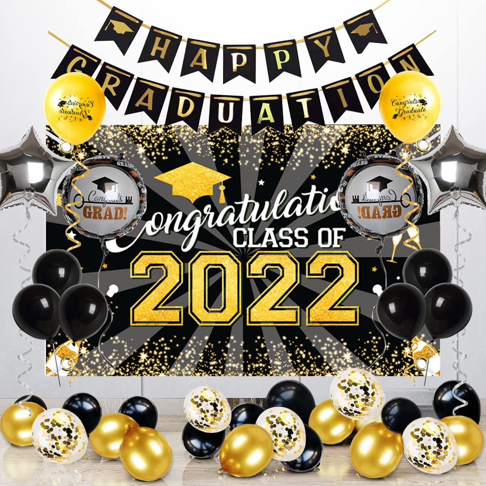 FVCENT 38 Pcs Graduation Balloons Arch Kit - Black & Gold Party Decorations with Banner for 2022 Graduation Ceremony | Congrats Grad Party Supplies | Perfect for Graduation Photos, School Events & Celebration Decor