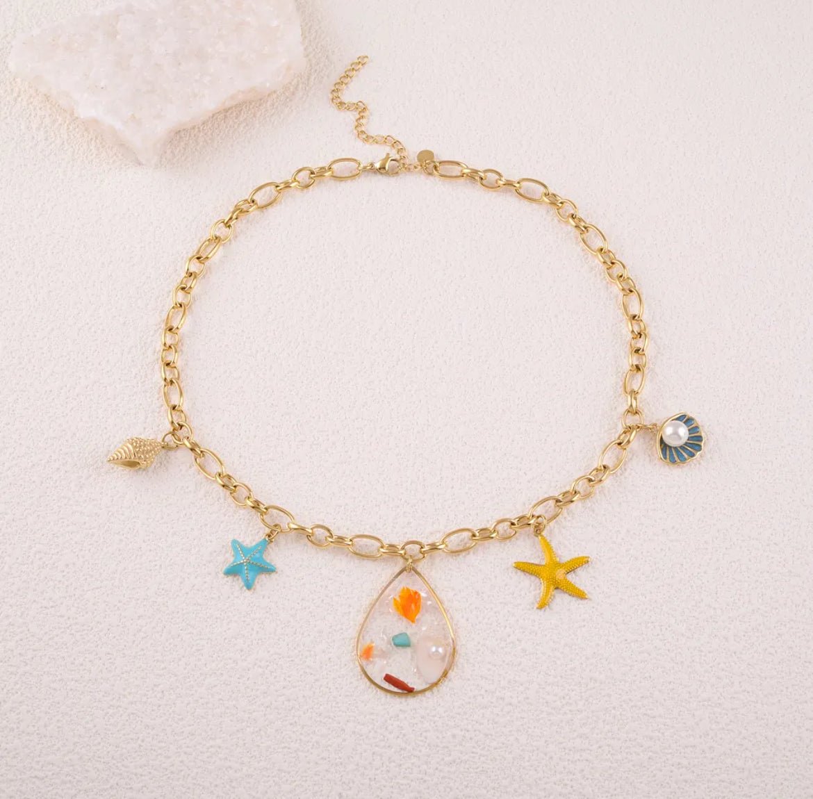 Summer Resin and Steel Charm Necklace - Trendy Layered Pendant Jewelry for Women, Perfect for Beach Vacations & Casual Outings
