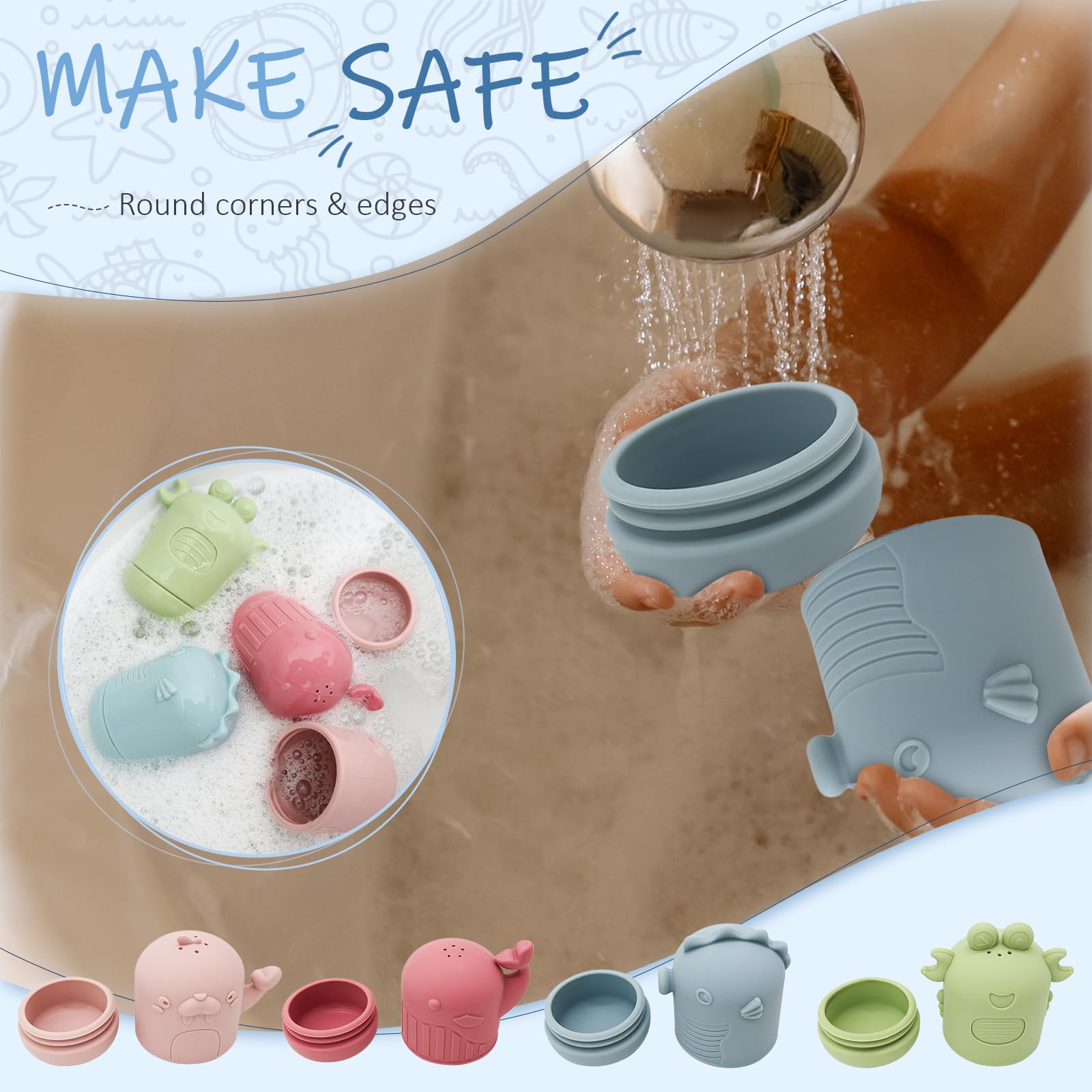 **Iselyn 4-Pack Non-Toxic Silicone Baby Bath Toys for Toddlers 1-3 Years – Marine Animal Shapes, Mold-Free & Dishwasher Safe – Fun Bathtime Learning for Kids**    *(Perfect for Sensory Play, Early Learning, and Making Bath Time Enjoyable!)*