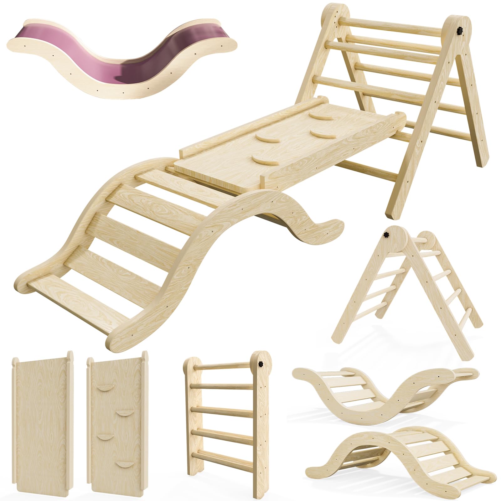 Montessori Pikler Triangle Climber Set 5-in-1 - Natural Wood Toddler Climbing Gym with Ramp, Arch & Play Mat - Indoor Foldable Play Equipment for Kids (99