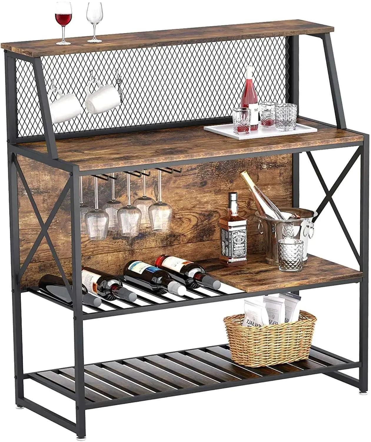 Bestier Coffee Bar Storage Cabinet with Mesh Panel and Wine Rack - Stylish Kitchen Organizer for Coffee, Wine & Bar Essentials - Perfect for Home, Office or Cafe Use