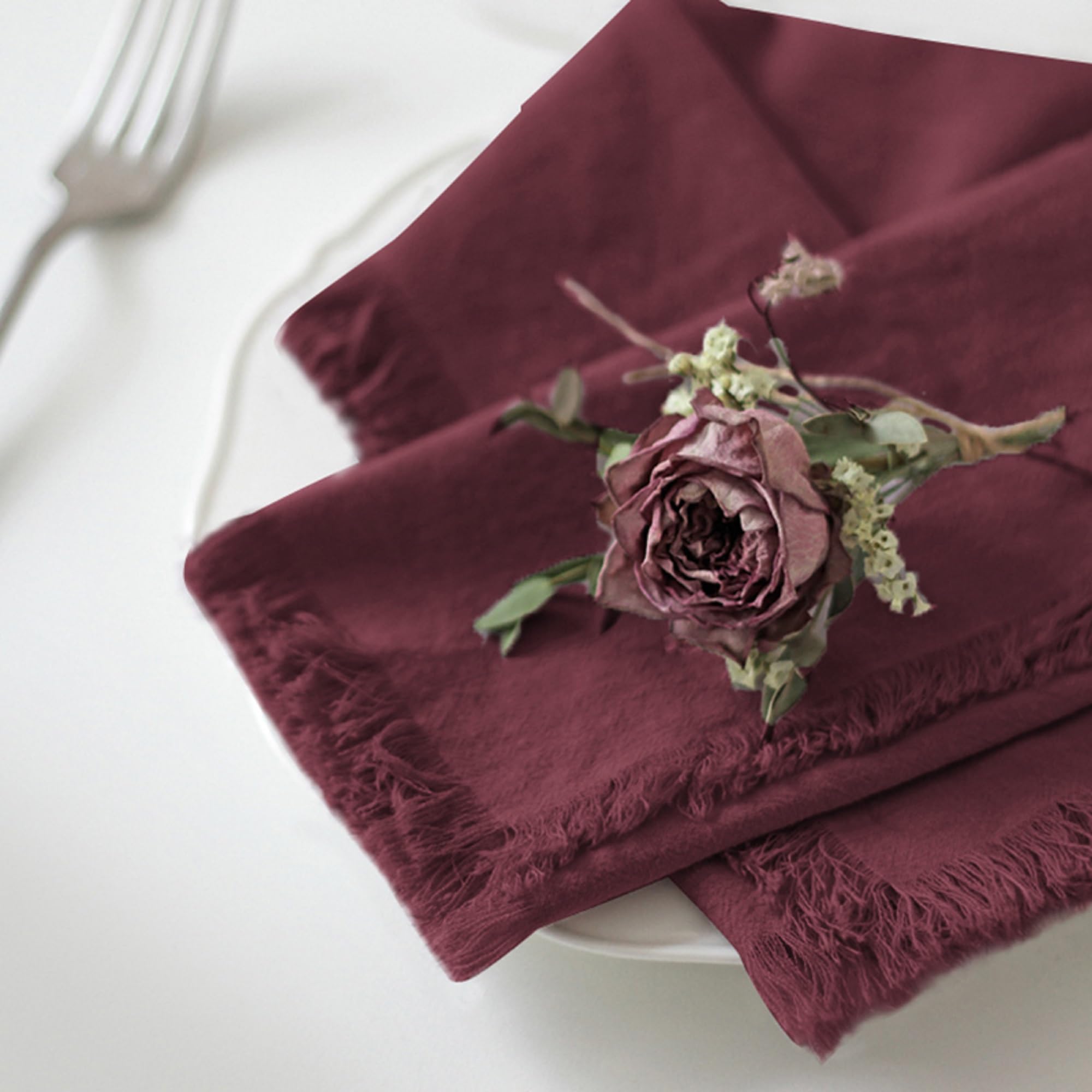 Handmade 100% Cotton Fringed Napkins - Set of 6 (18x18 Inch) Burgundy Dinner Napkins for Elegant Dining, Parties, Weddings & Home Decor - Premium Quality Fabric Table Linens