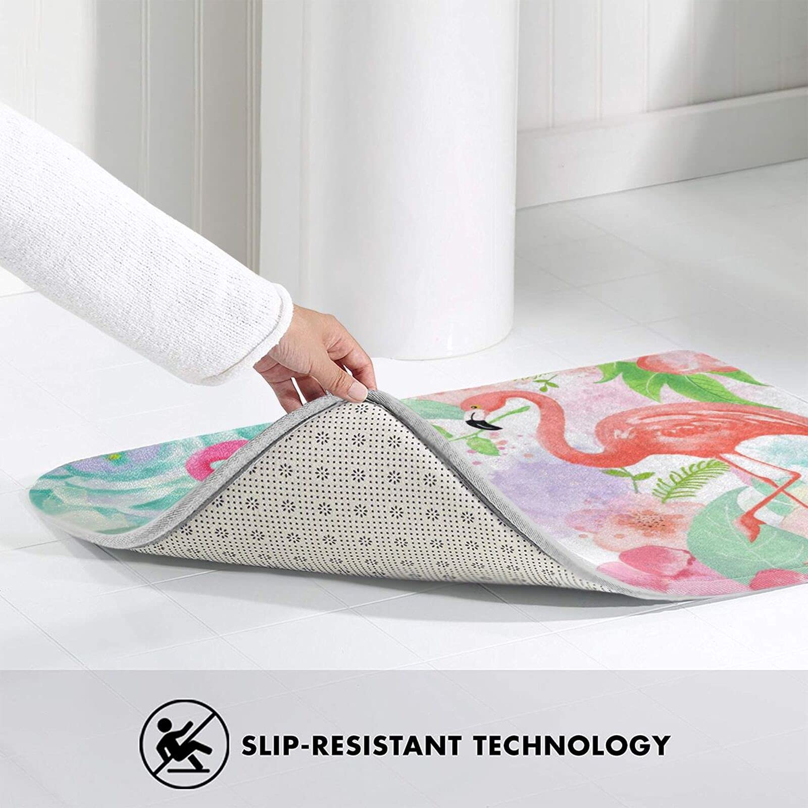 **Flamingo Tropical Bath Mat - Soft, Non-Slip, Absorbent & Washable Bathroom Rug - Perfect for Bathroom, Shower & Kitchen Sink Decor**    *(Use Case: Adds a stylish, cozy touch to your bathroom or kitchen while providing safety and comfort underfoot.)*