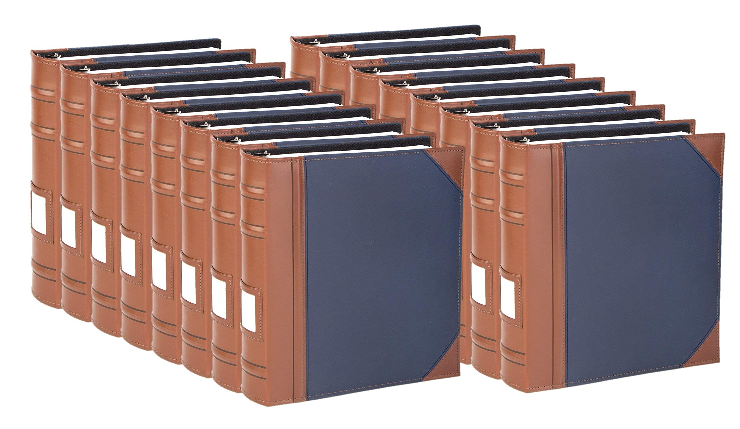 Premium Executive Binder - Genuine English Leather 2-Tone Design with Stitched Detailing & Ribbed Spine - Heavy Duty 3 D-Ring with Memo Tag - 1 Inch 14PK Blue - Perfect for Business Meetings, Office Organization & Professional Presentations