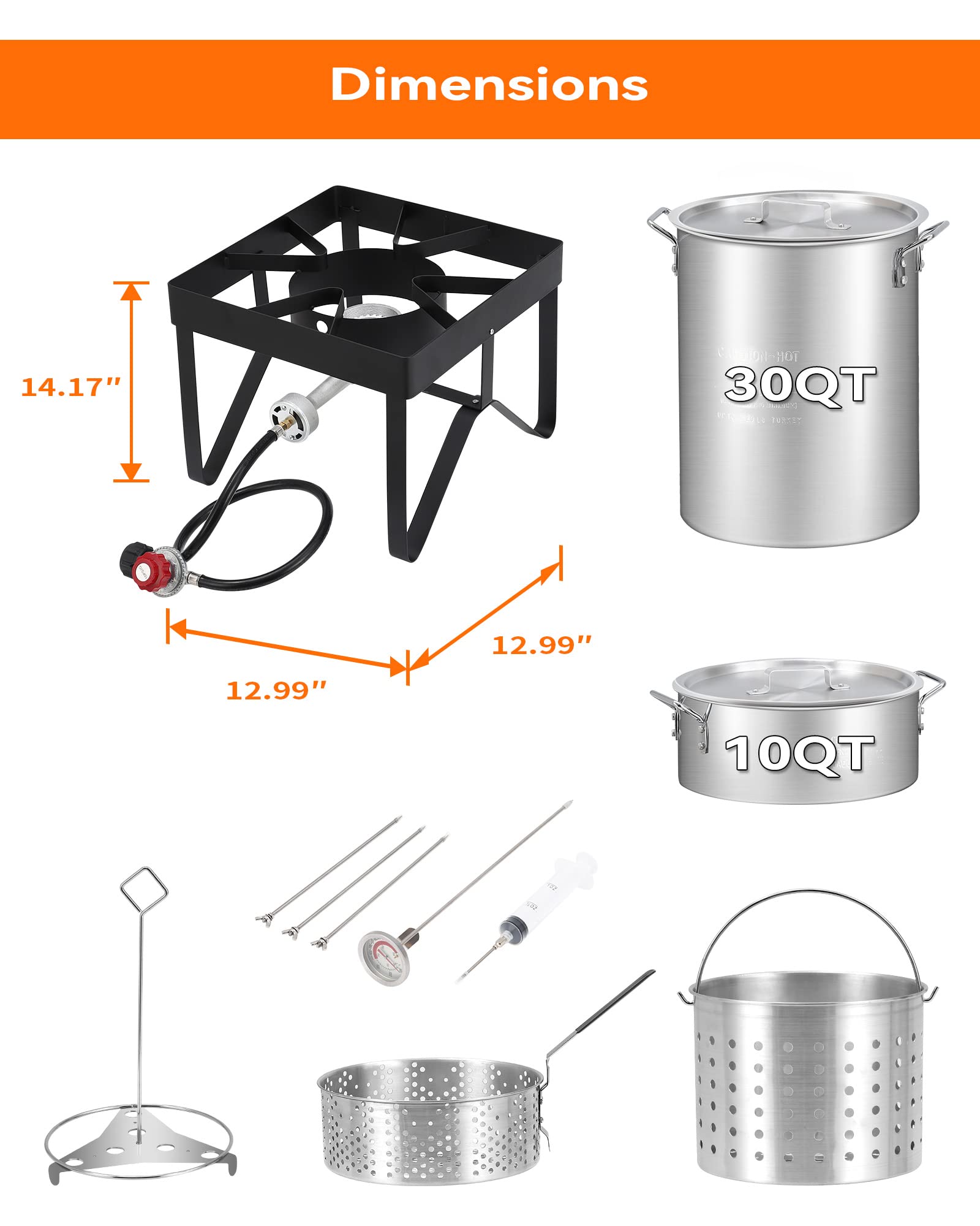 30QT + 10QT Turkey Fryer Propane Burner Kit [54,000 BTU] with Seafood Boil Pot & Basket - Outdoor Cooking Equipment for Thanksgiving, Camping, Backyard BBQs - 13 Inch Black