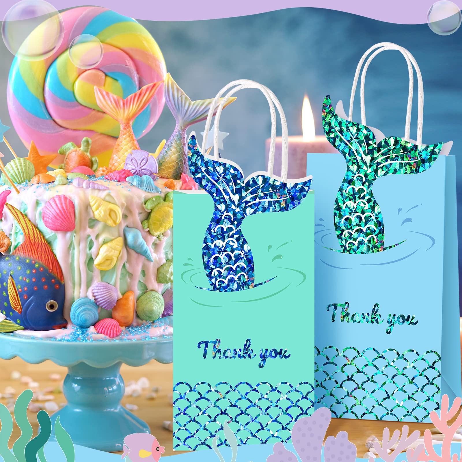 Sabary 18 Pcs Mermaid Party Favor Bags - Paper Gift Goodie Treat Candy Bags with Handles for Girls Birthday, Baby Shower & Mermaid Themed Events - Perfect for Party Decorations, Favors and Sweet Treats
