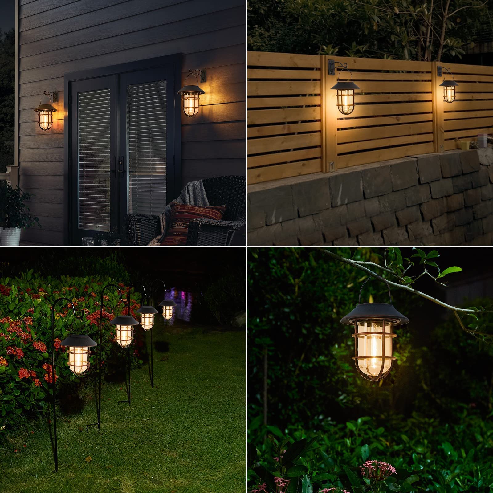 Outdoor Solar Lantern with LED Edison Bulbs - Waterproof Metal Hanging Solar Light with Clear Glass & Aluminum Hook - Bronze Decorative Wall Lantern for Patio, Garden, Porch and Backyard Lighting