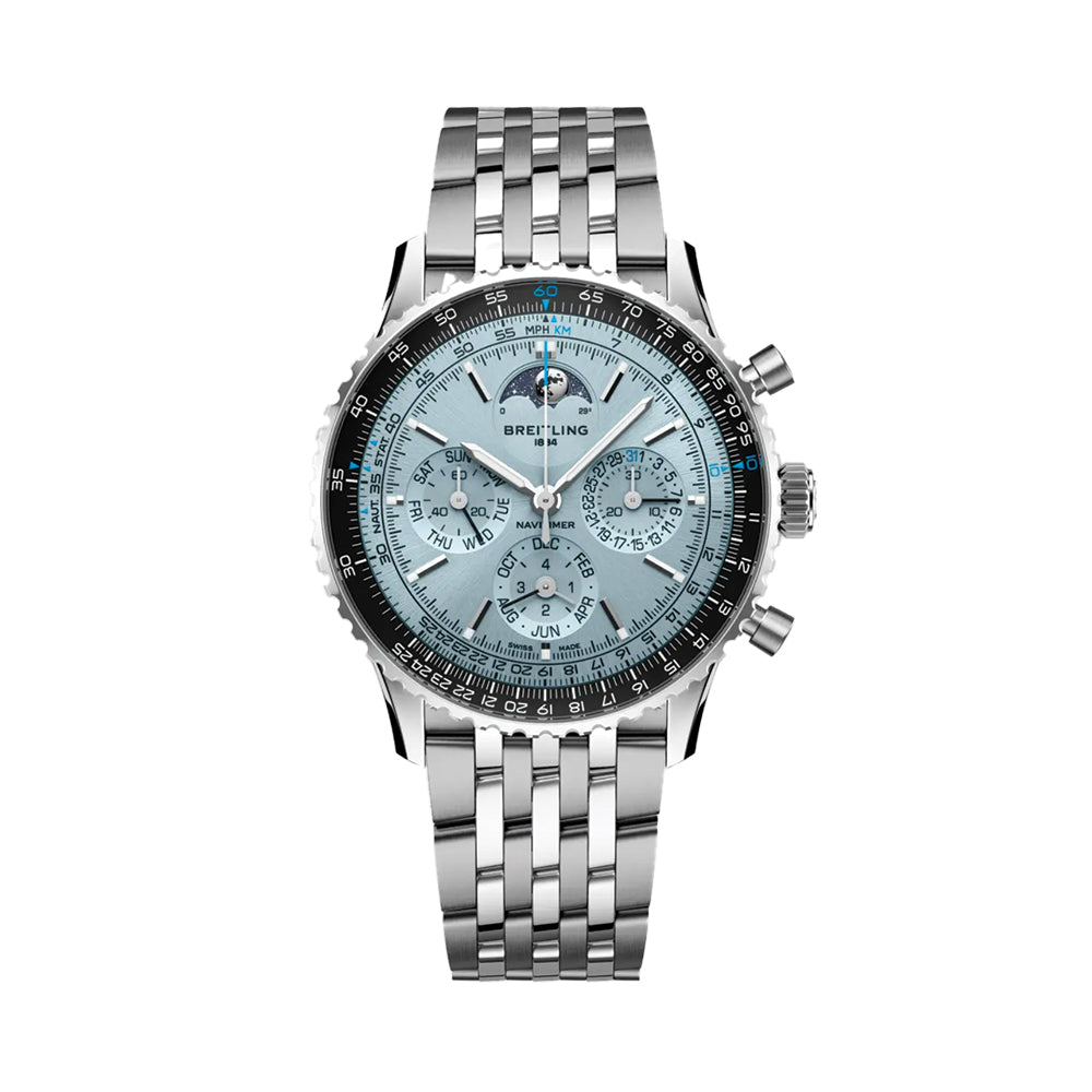 Breitling Navitimer B19 Chronograph Perpetual Calendar 43mm Blue Dial Men's Watch with Stainless Steel Bracelet - Luxury Aviation Timepiece for Pilots & Business Professionals