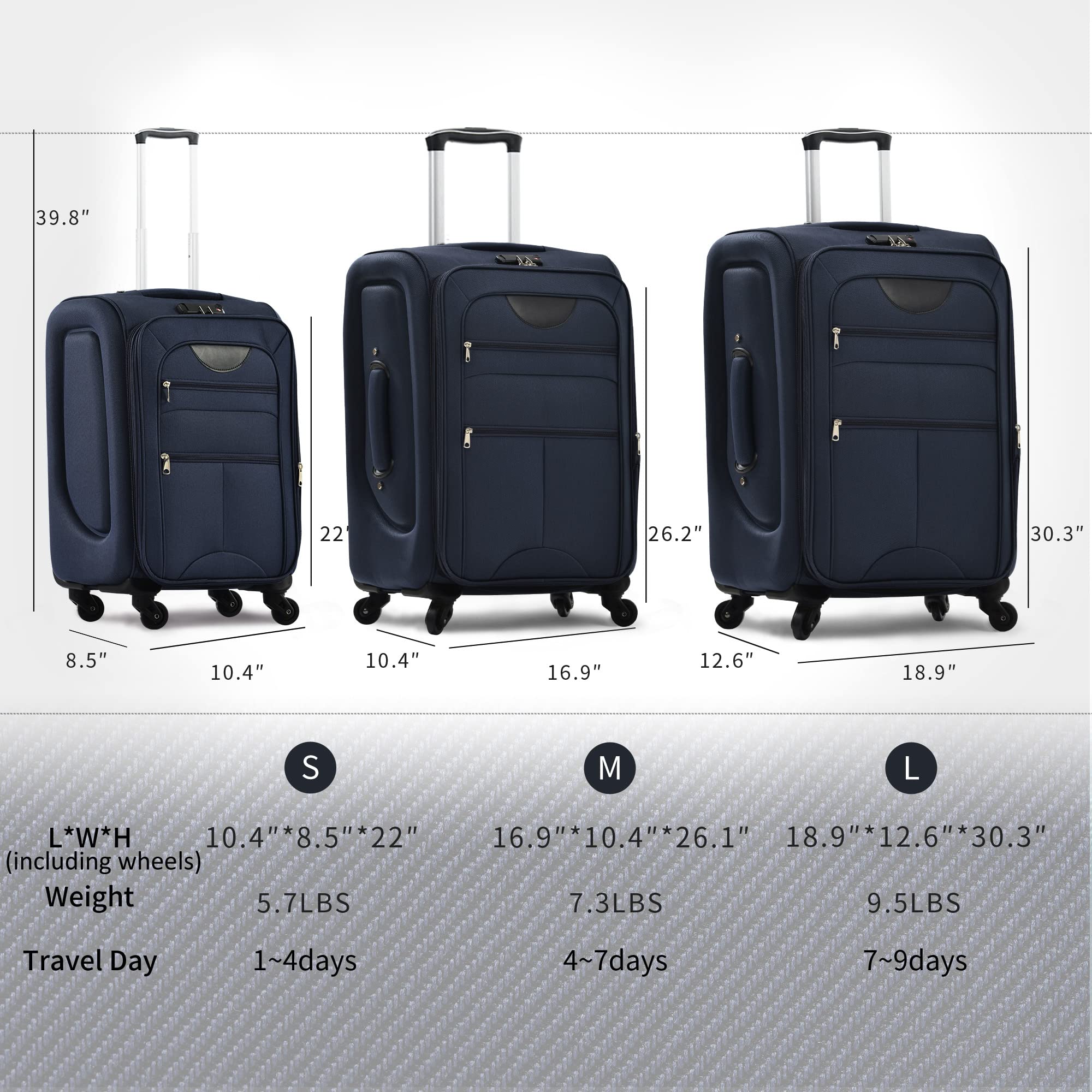 Merax 3-Piece Softside Luggage Set - Lightweight Spinner Suitcase with 360° Wheels (22