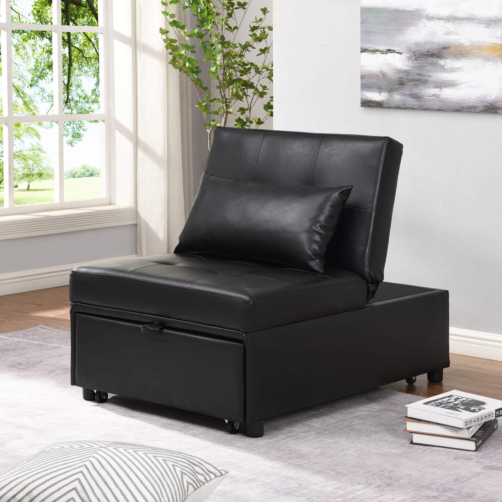4-in-1 Convertible Sofa Bed with Pillow - Faux Leather Folding Ottoman Sleeper, Adjustable Chaise Lounge for Living Room & Bedroom - Perfect for Guest Accommodation, Small Spaces & Home Office