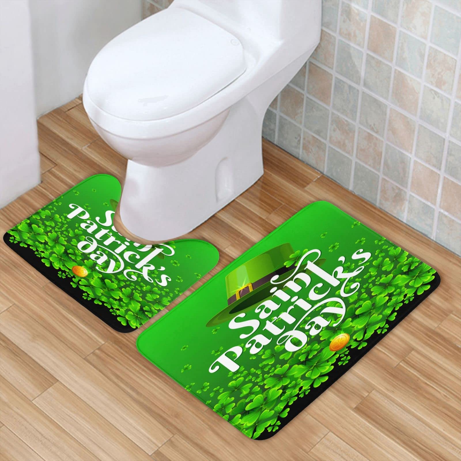 2-Piece St. Patrick's Day Bathroom Rug Set - Leprechaun Hat Coin Design U-Shaped Contour Mat with Anti-Skid Backing for Toilet & Shower Floor - Perfect for Irish-Themed Bathroom Decor & Holiday Celebrations