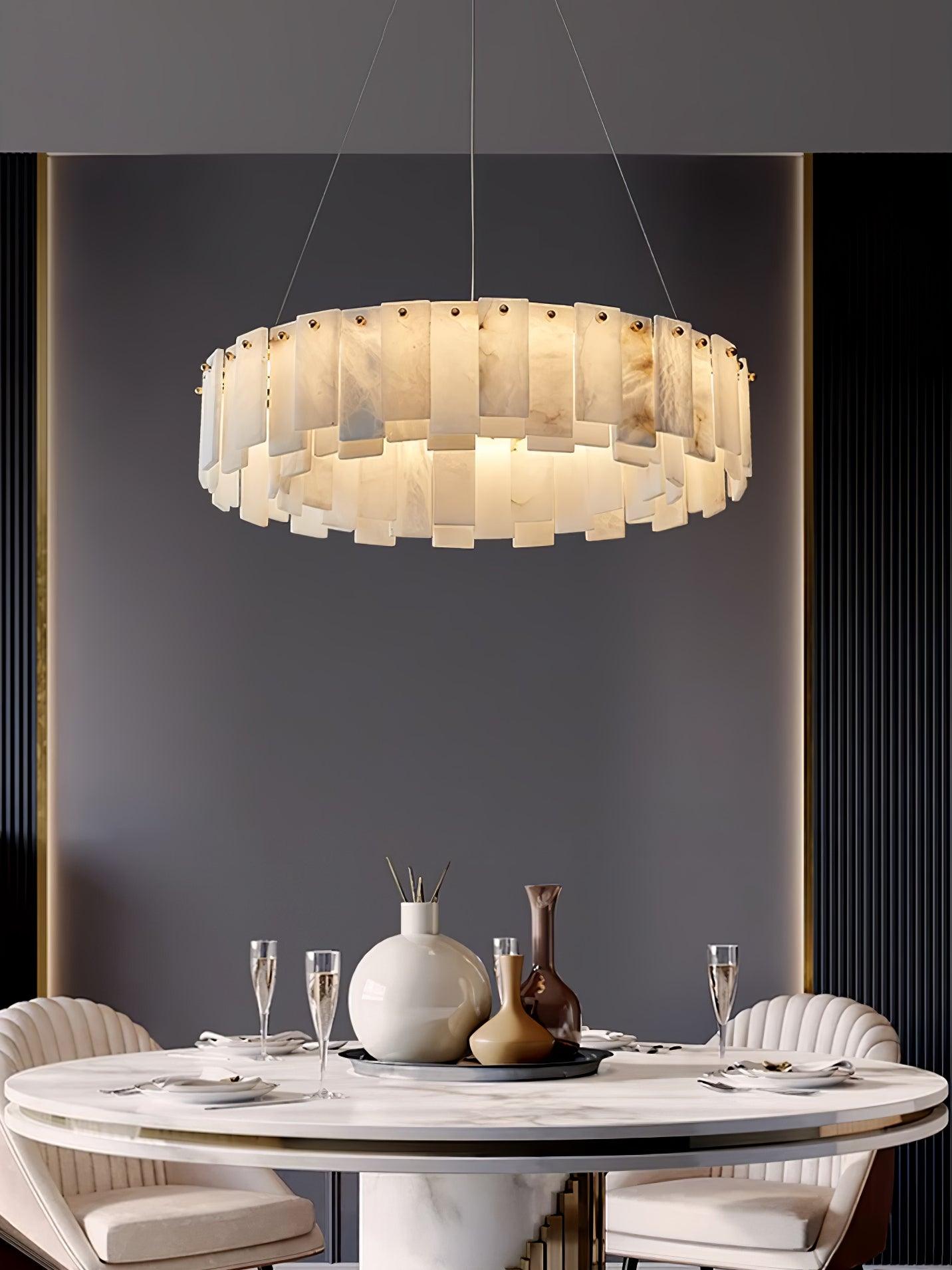 Celestial Alabaster Round Chandelier - Modern Crystal Ceiling Light Fixture for Dining Room, Bedroom & Living Room Decor | Elegant Lighting for Home & Wedding Venues