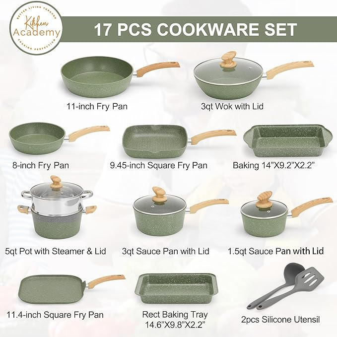 17-Piece Induction Nonstick Granite Coating Cookware Set by Kitchen Academy - Perfect for Frying, Sautéing & Everyday Cooking