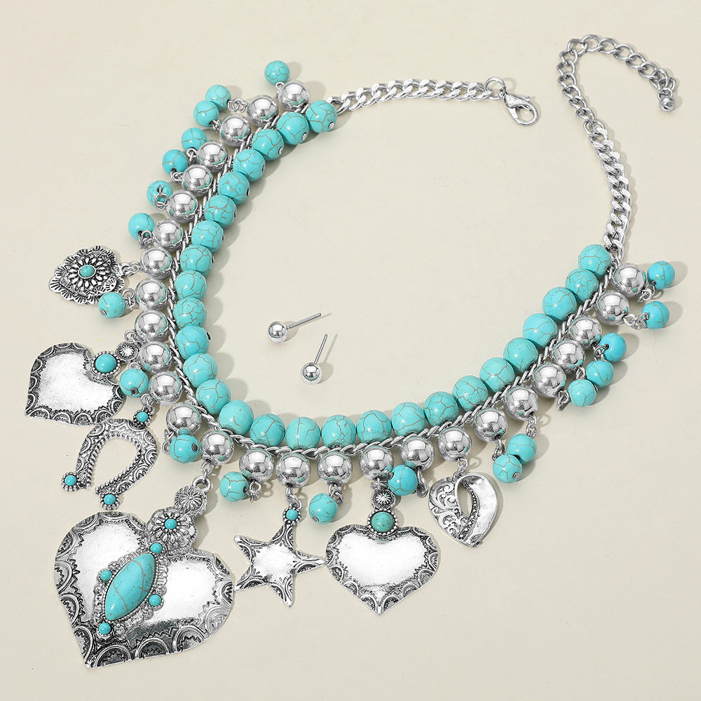 Boho Turquoise Heart Star Horseshoe Charm Statement Necklace for Women - Western Style Layered Jewelry for Casual Outfits, Festivals & Boho Fashion