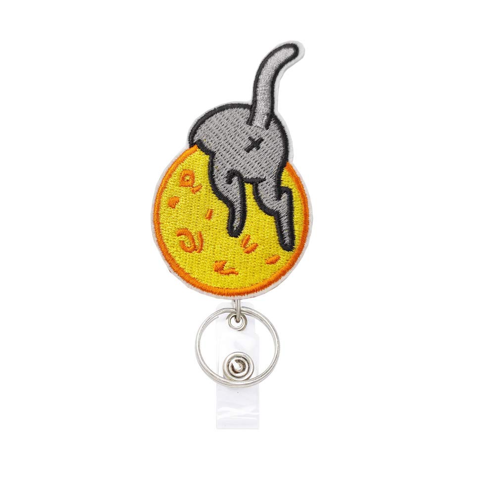 Reeleer Cat on Moon Badge Reel - Retractable ID Holder with Alligator Clip & Key Ring, 24