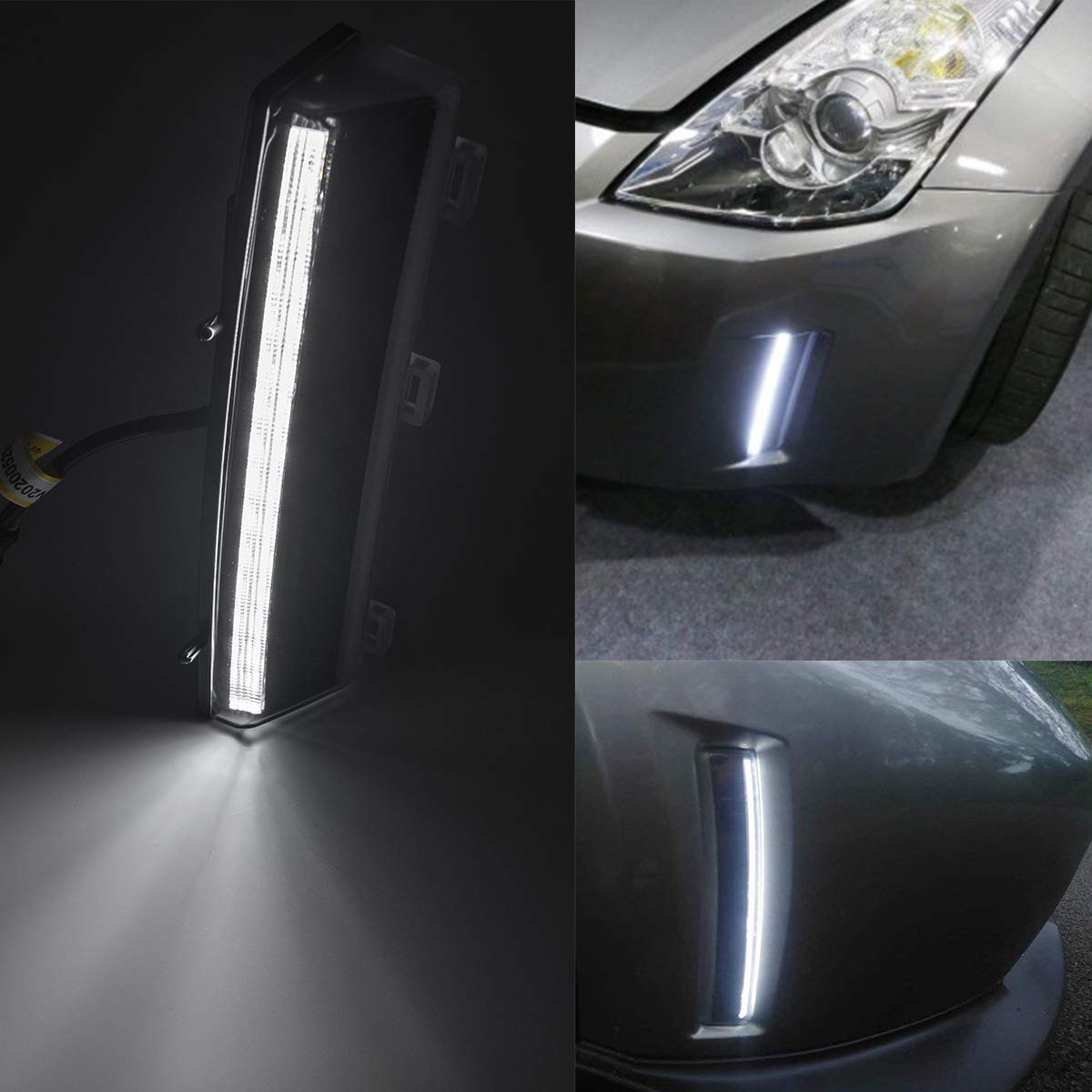NJSBYL 350z Front Bumper Reflector Replacement - White LED DRL & Amber Turn Signal Kit for 2006-2009 Nissan 350z (LCI Model) - Smoked Lens Z33 DRL Reflectors 26145CF40A - Perfect for Night Driving & Enhanced Vehicle Visibility