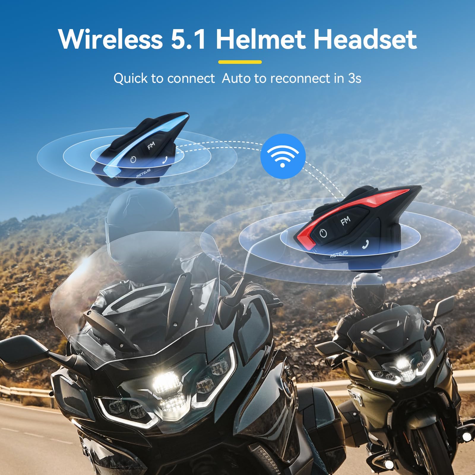 Retevis EZTalk 3A Motorcycle Bluetooth Helmet Intercom Headset - 5.1 Wireless Communication System with CVC Noise Cancellation, Music Sharing & IP65 Waterproof for 2 Riders (1000m Range) - Perfect for Group Riding, Road Trips & Adventure Motorcycling