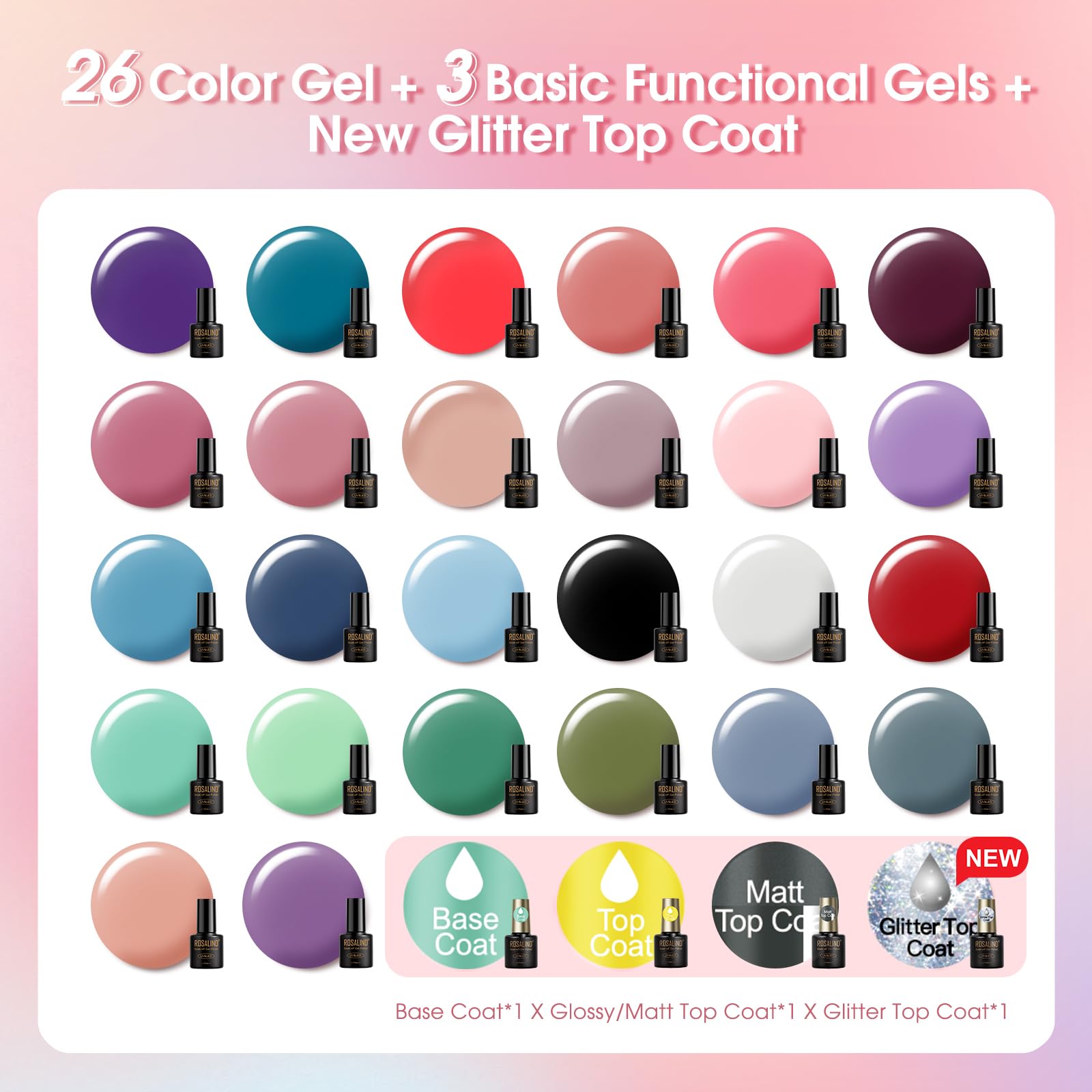 ROSALIND 30PCS Gel Nail Polish Set with Base Coat & Glossy Matte Glitter Top Coat - 26 Colors DIY Nail Art Kit for Beginners - Perfect for Home Manicures, Salon Use & Gift Giving