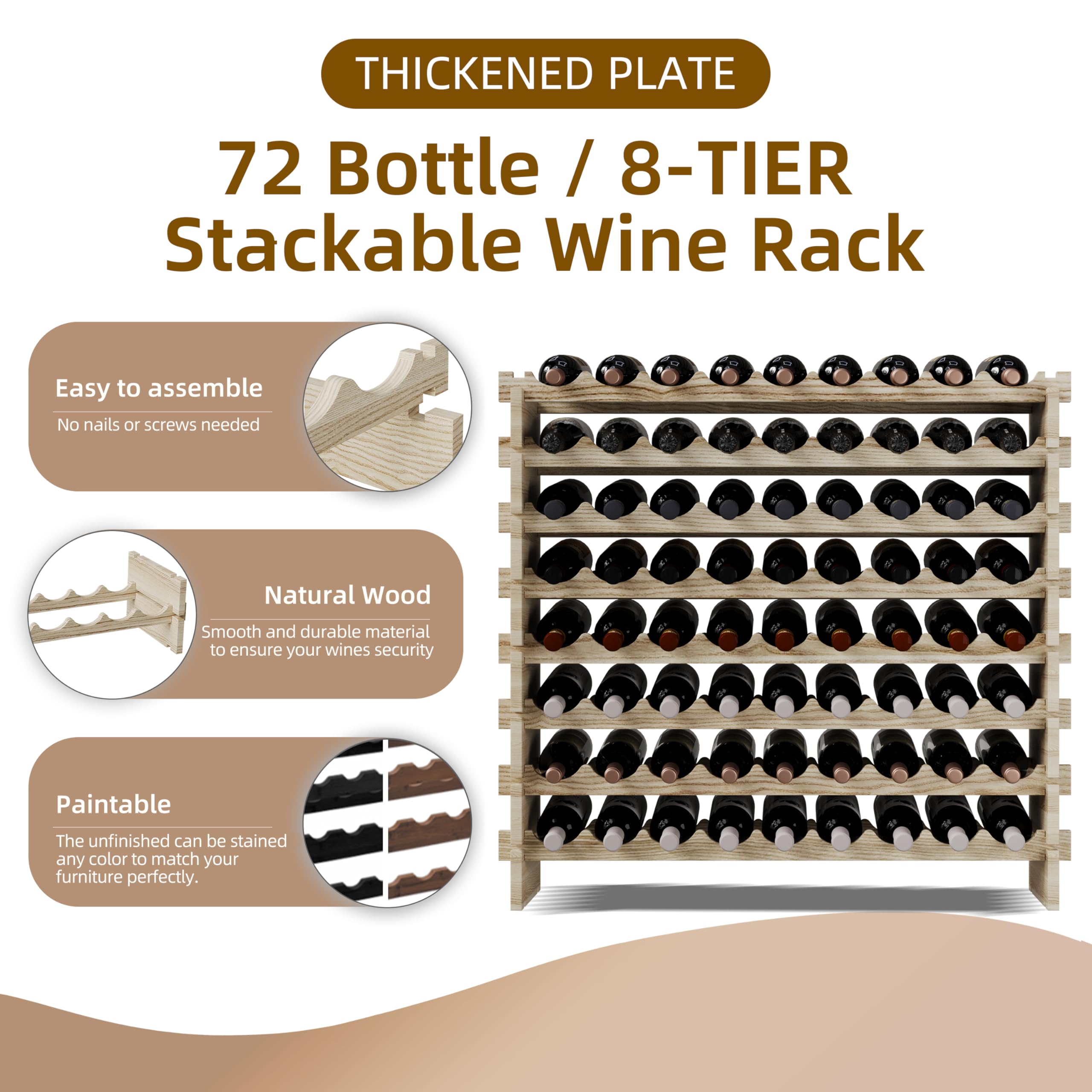 Premium Modular Real Wood Wine Storage Rack - Stackable 8-Tier Free Standing Floor Wine Rack Holds 72 Bottles | Elegant Wine Display & Organization for Kitchen, Dining Room & Wine Cellar | Perfect for Home Bars, Restaurants & Wine Collectors